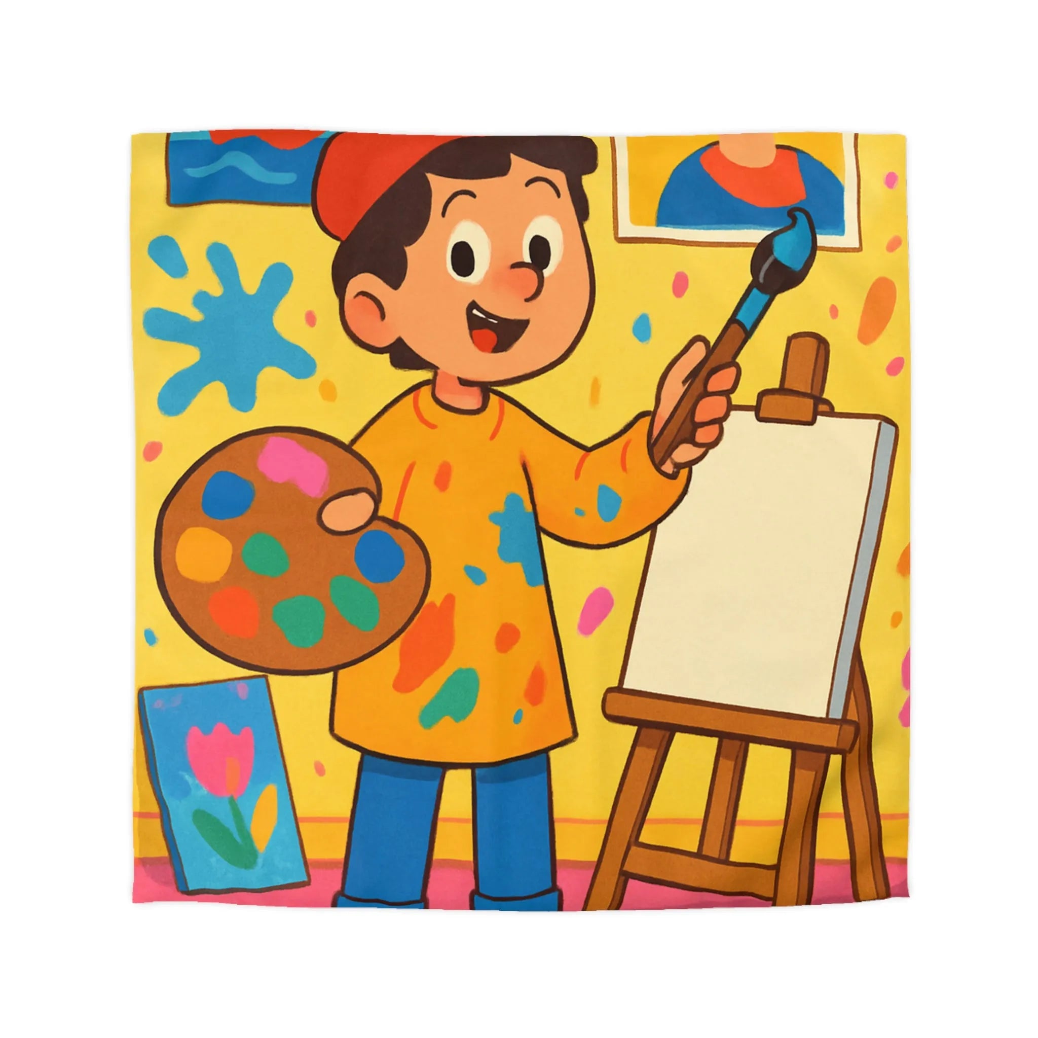 Housse de Couette Colorée avec Motif Artiste Enfant Peignant dans un Atelier Joyeux