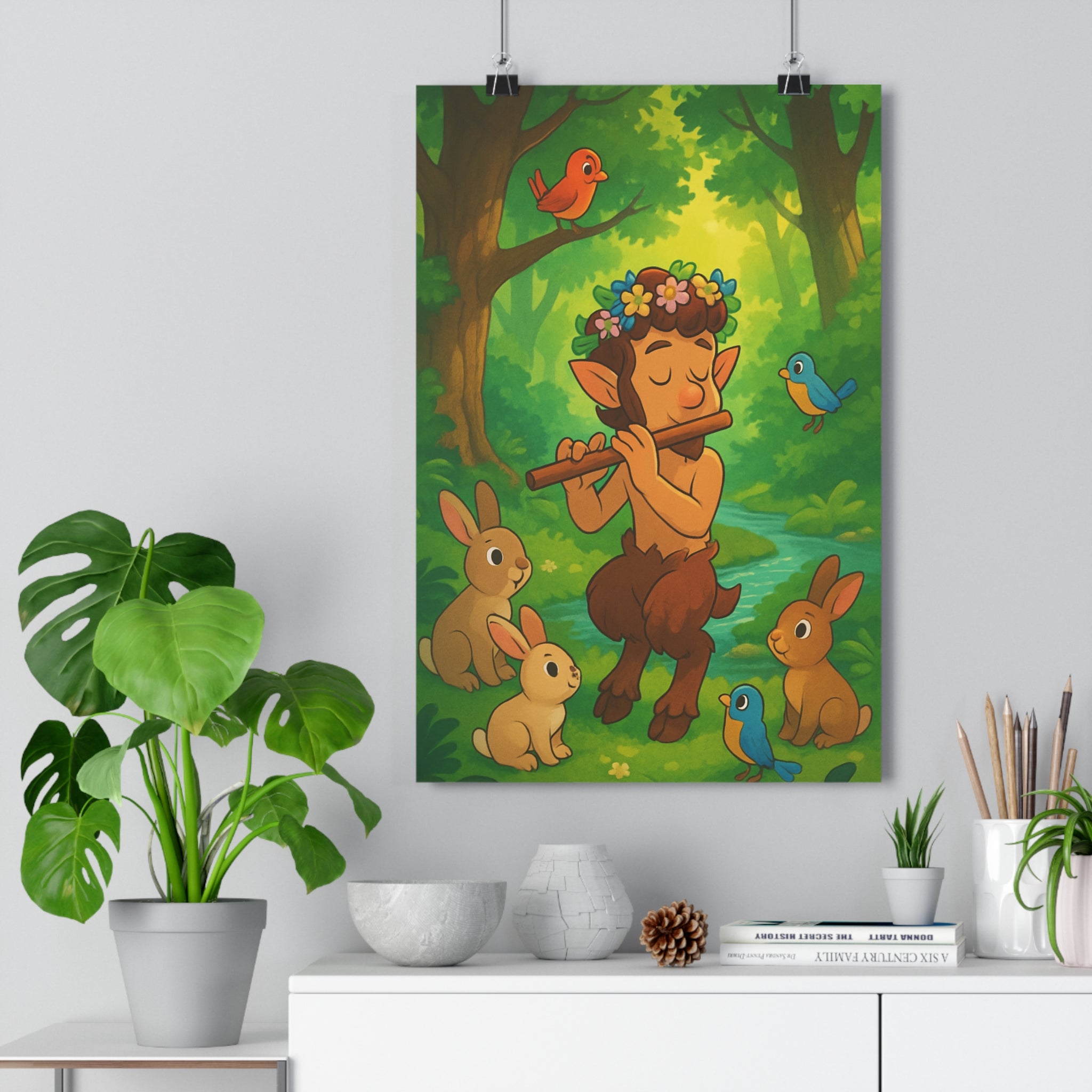 Poster décoratif féérique scène cartoon forêt enchantée harmonieuse vibrant faune lumière douce nature enchantement
