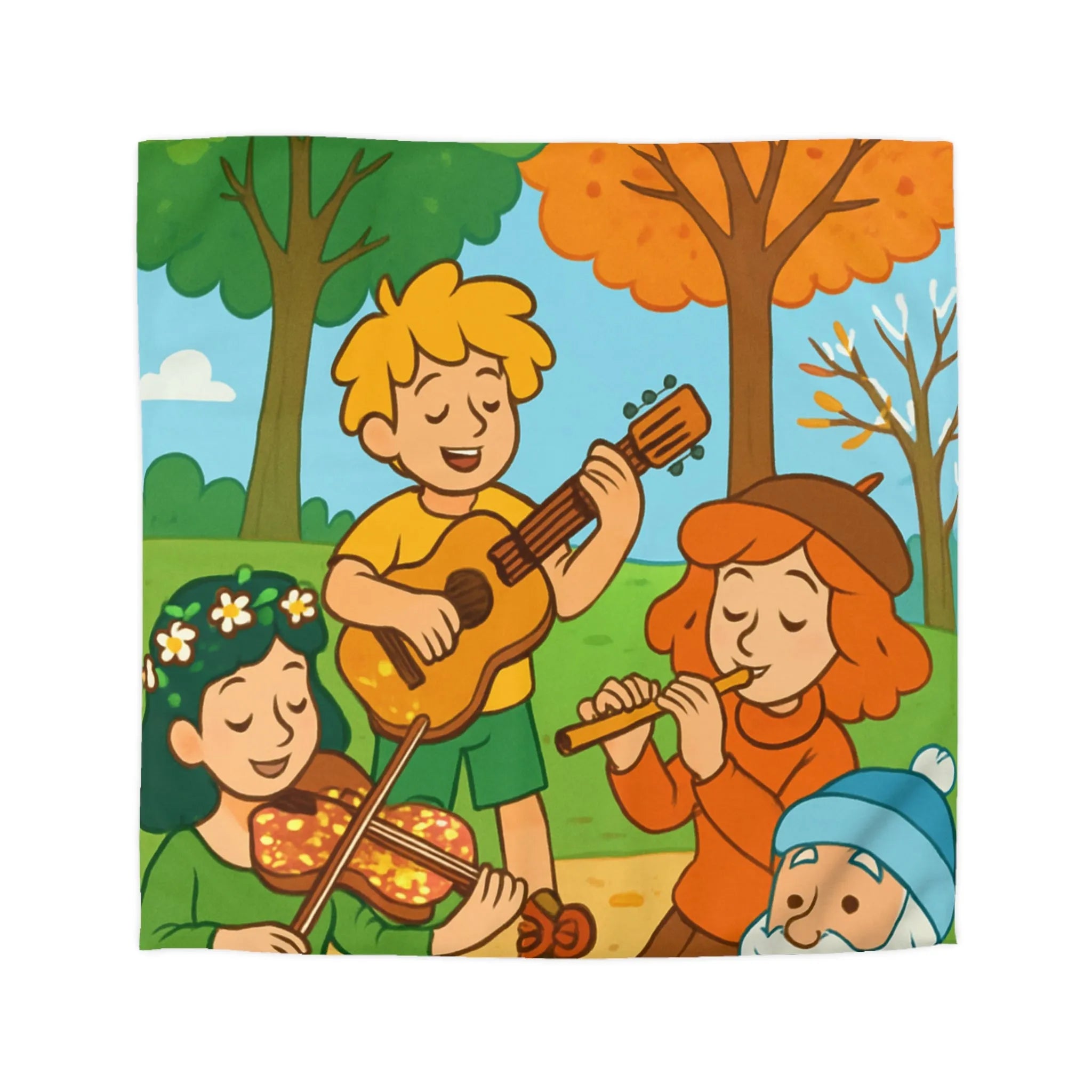 Housse de couette colorée avec enfants jouant de la musique en forêt automnale