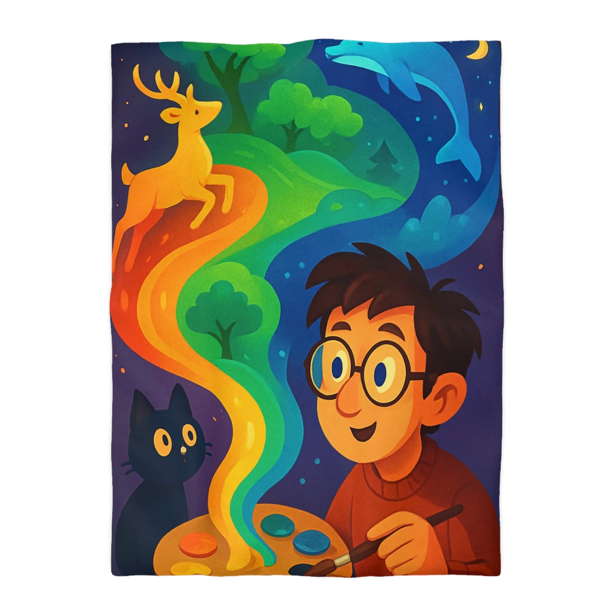 Housse de couette colorée illustrée avec artiste, palette et animaux fantastiques