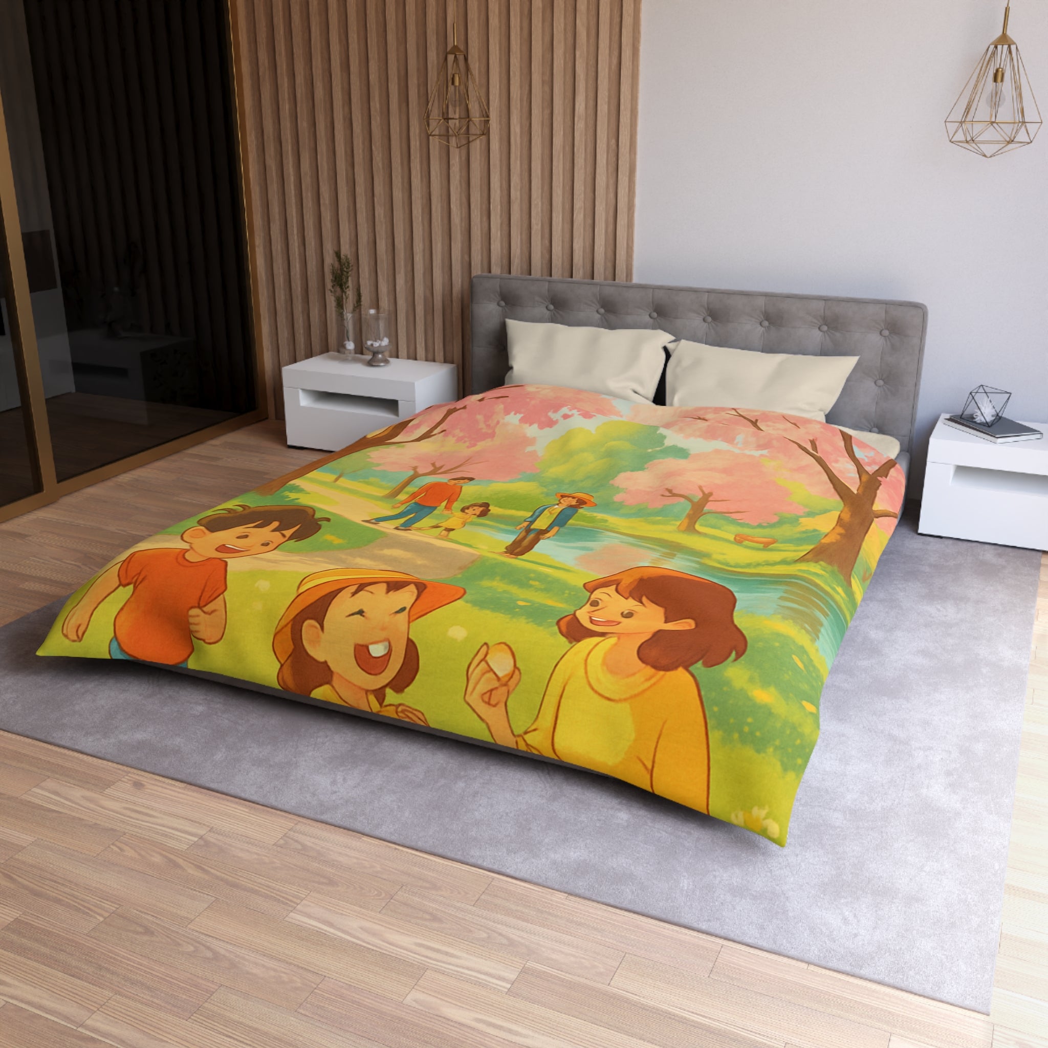 Housse de Couette Printanière avec Scène de Pique-nique Sous Cerisiers en Fleurs