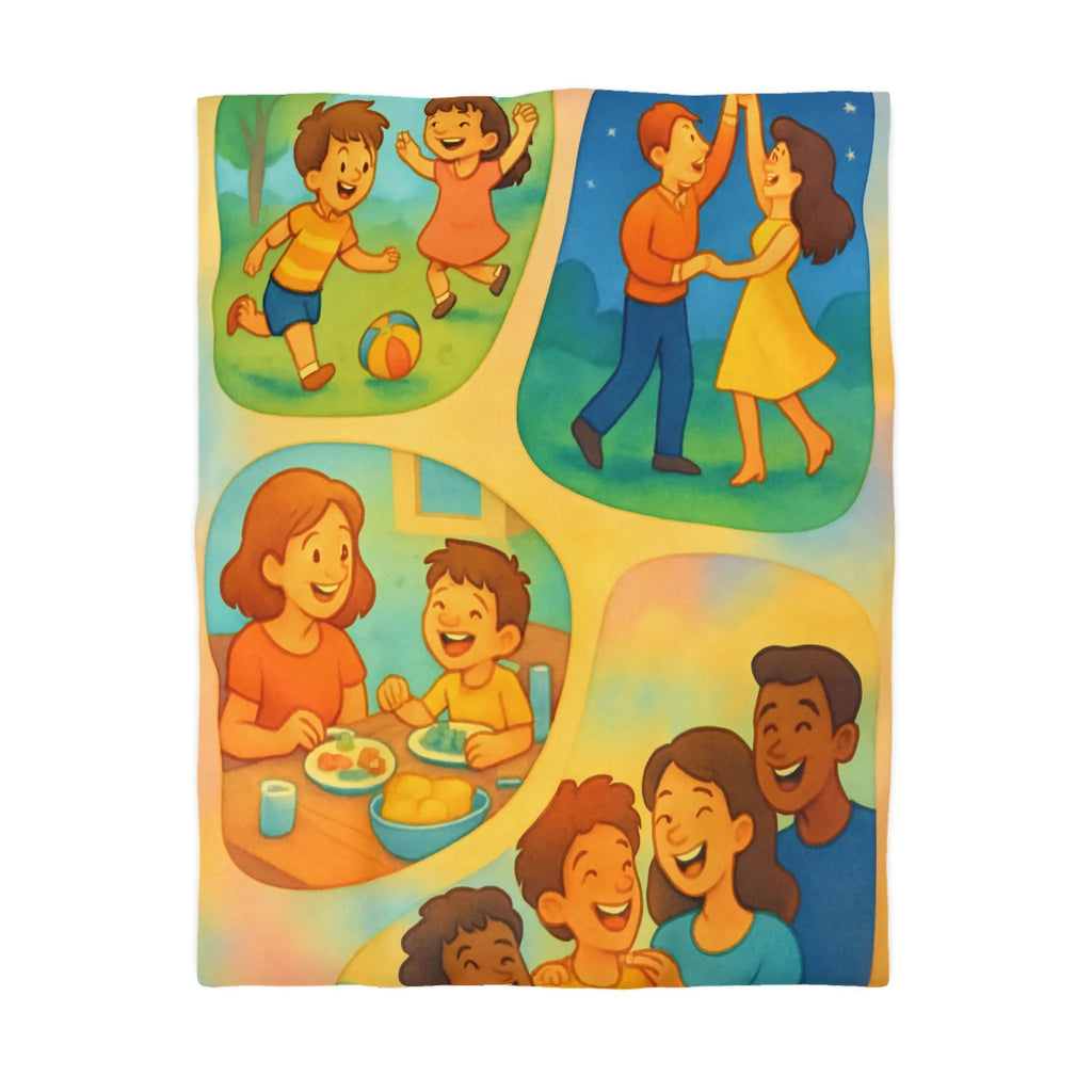 Housse de couette colorée illustrant des scènes joyeuses de la vie quotidienne familiale