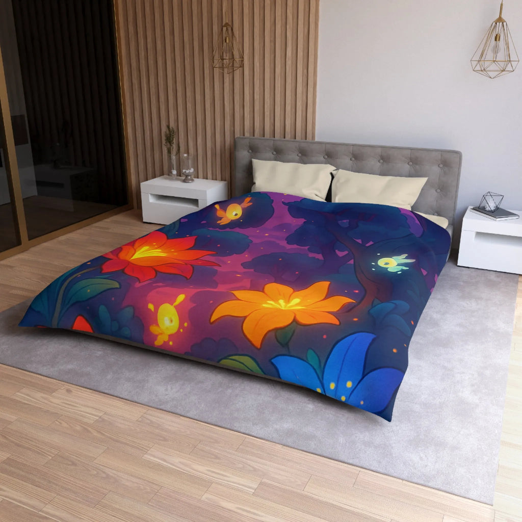 Housse de Couette avec Fleurs Lumineuses et Paysage Enchanté de Forêt Magique Nocturne