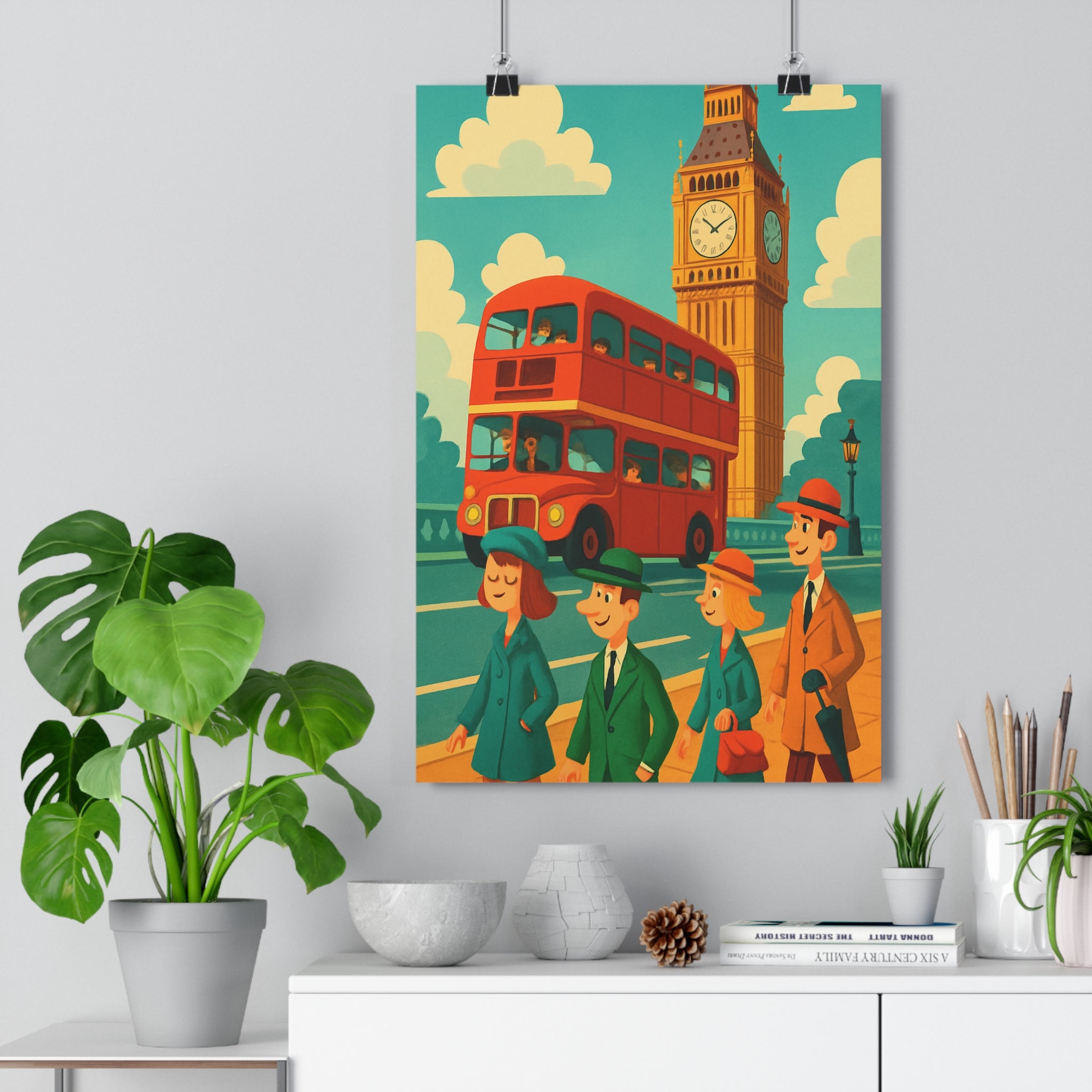 Poster décoratif cartoon joyeux rouge bleu Londres salon chambre bureau élégant vibrant 30x46 cm