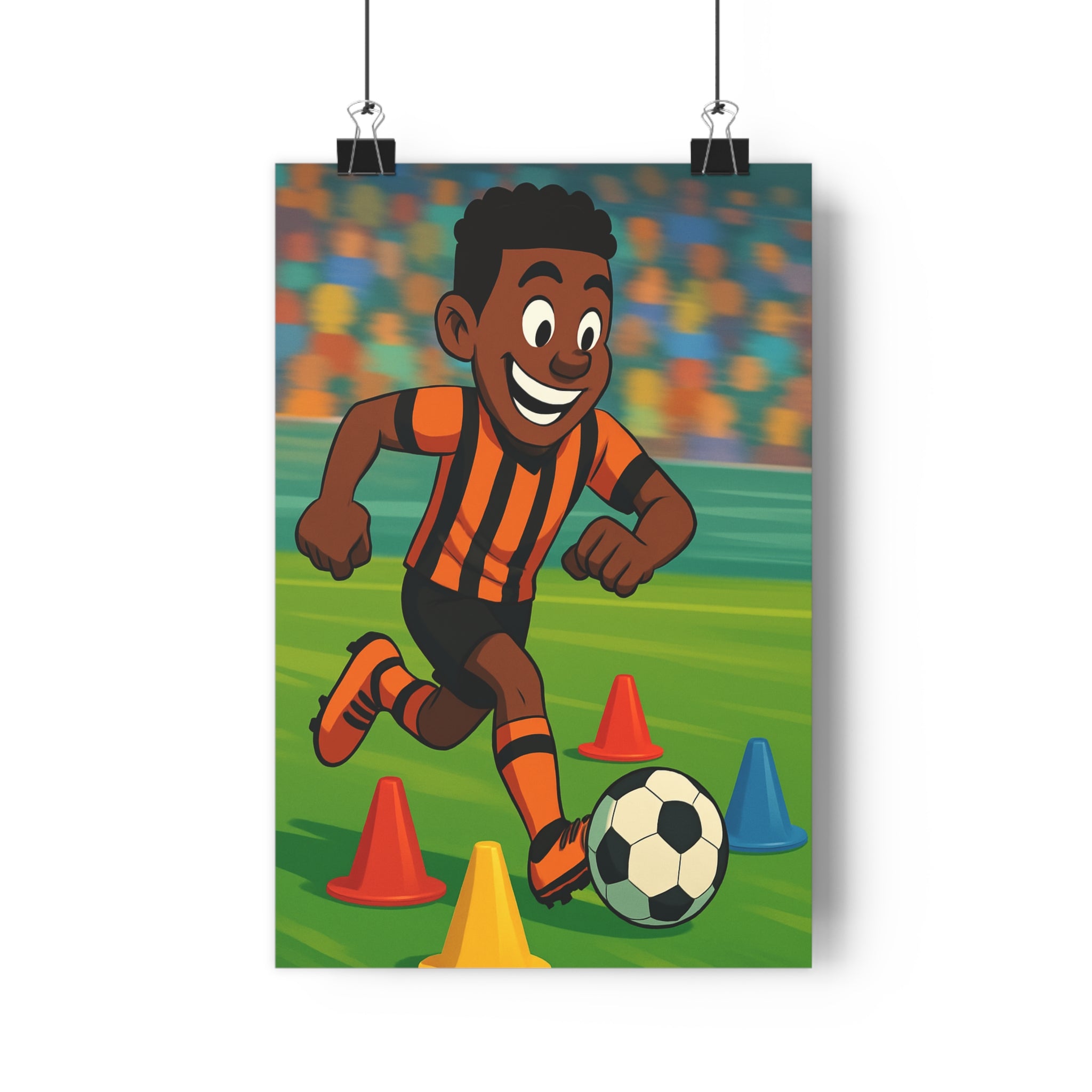 Poster décoratif football dynamique orange noir cartoon sportif joyeux chambre enfant salon qualité premium