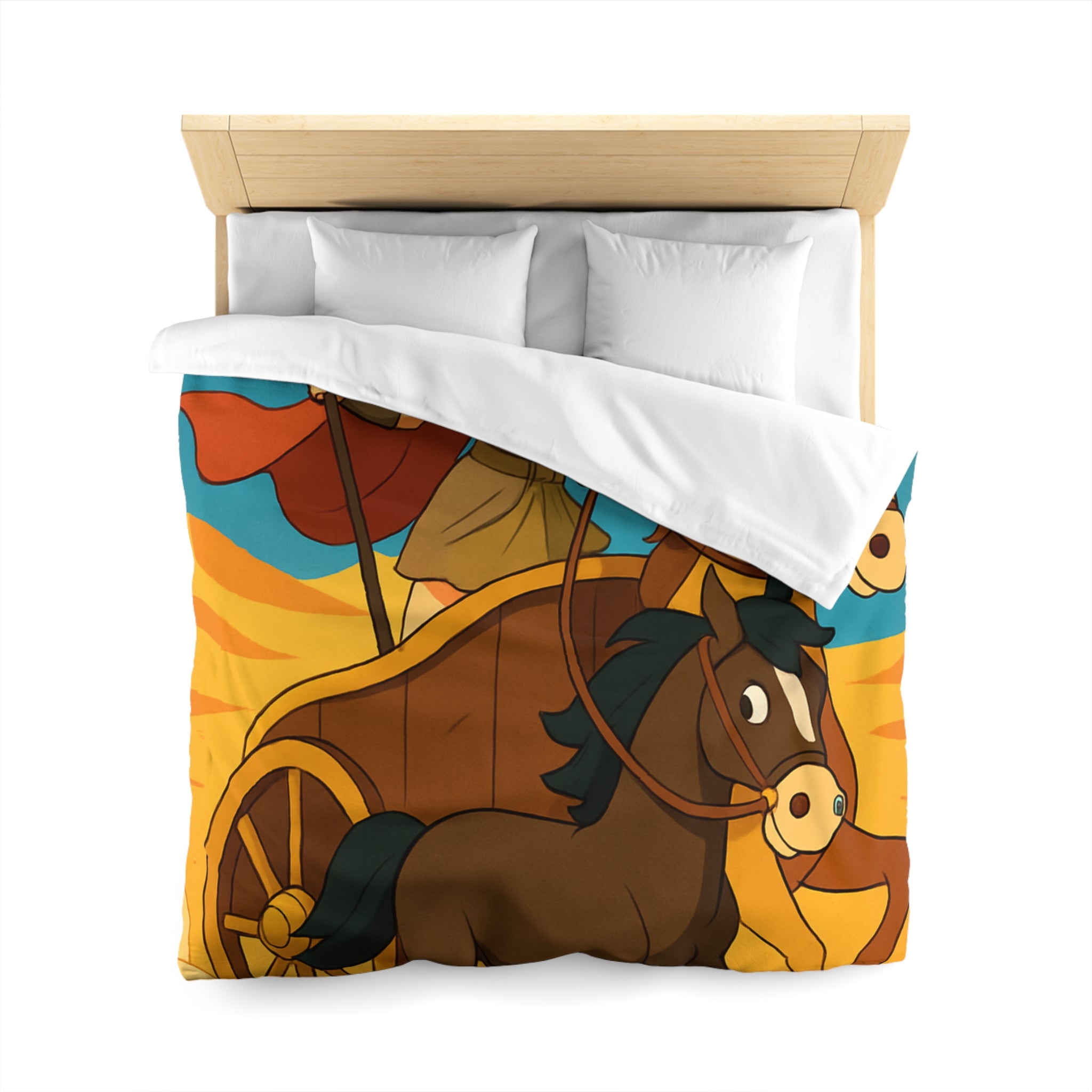 Housse de couette représentant guerrière en char avec chevaux marron dans désert animé
