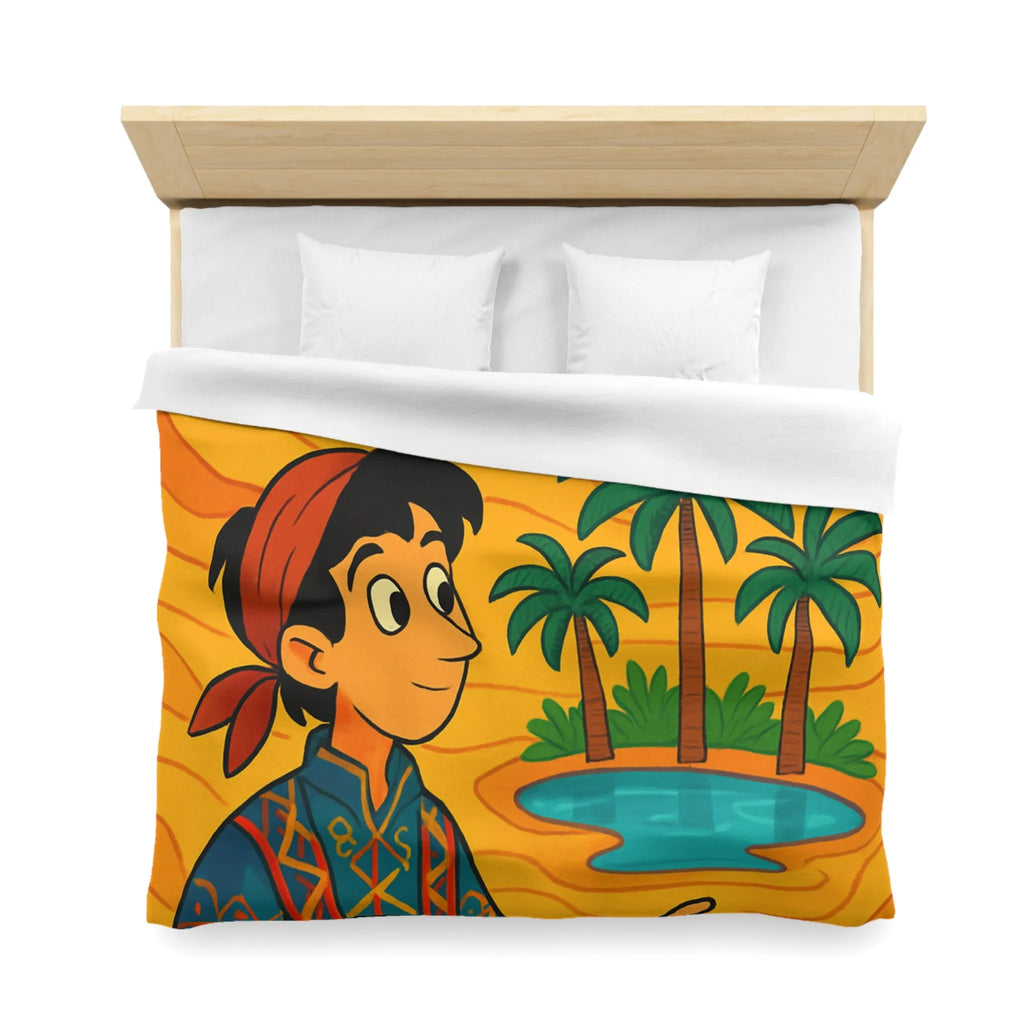 Housse de couette magique avec tapis volants et oasis sous ciel bleu désertique