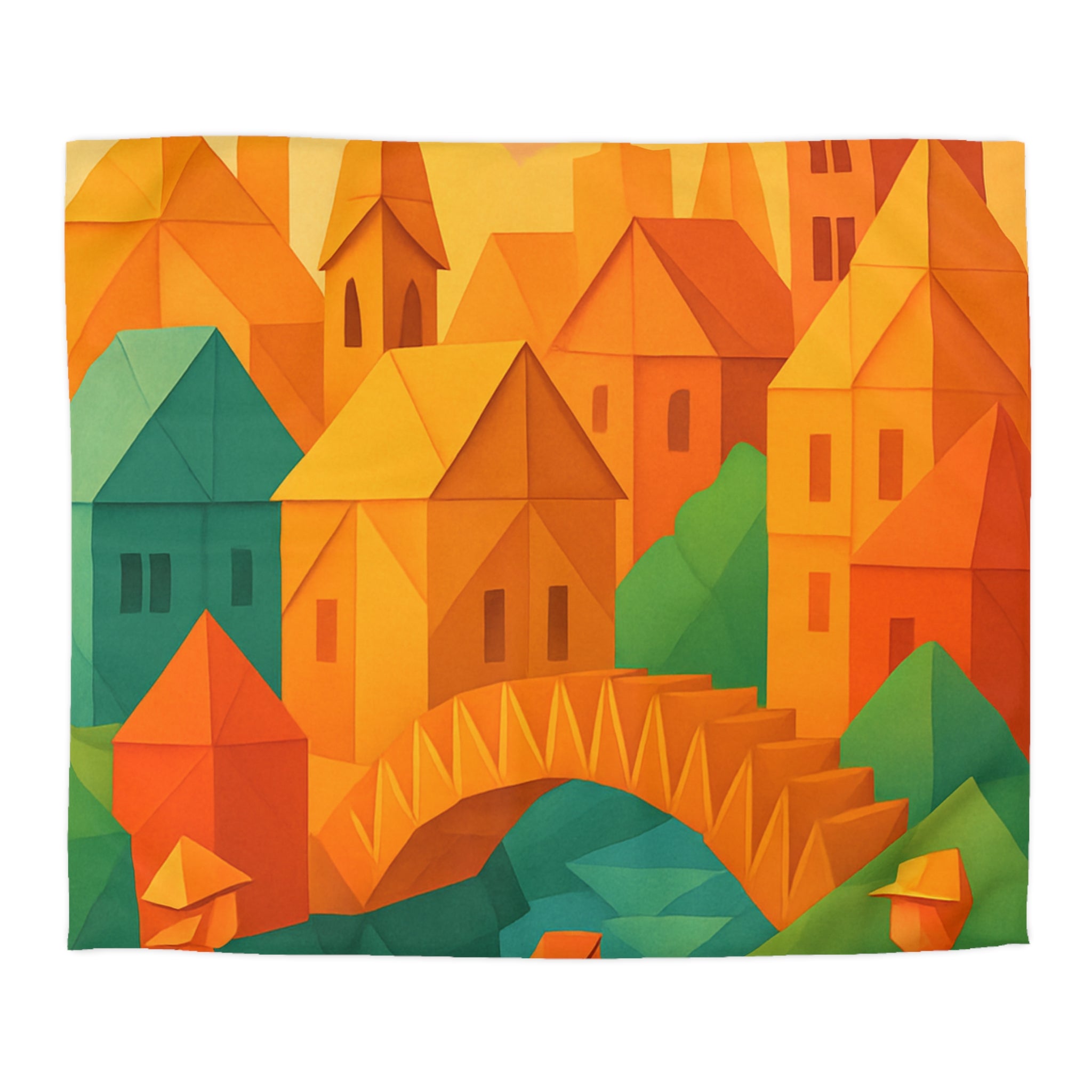 Housse de couette motif origami coloré avec paysage urbain et silhouettes humaines