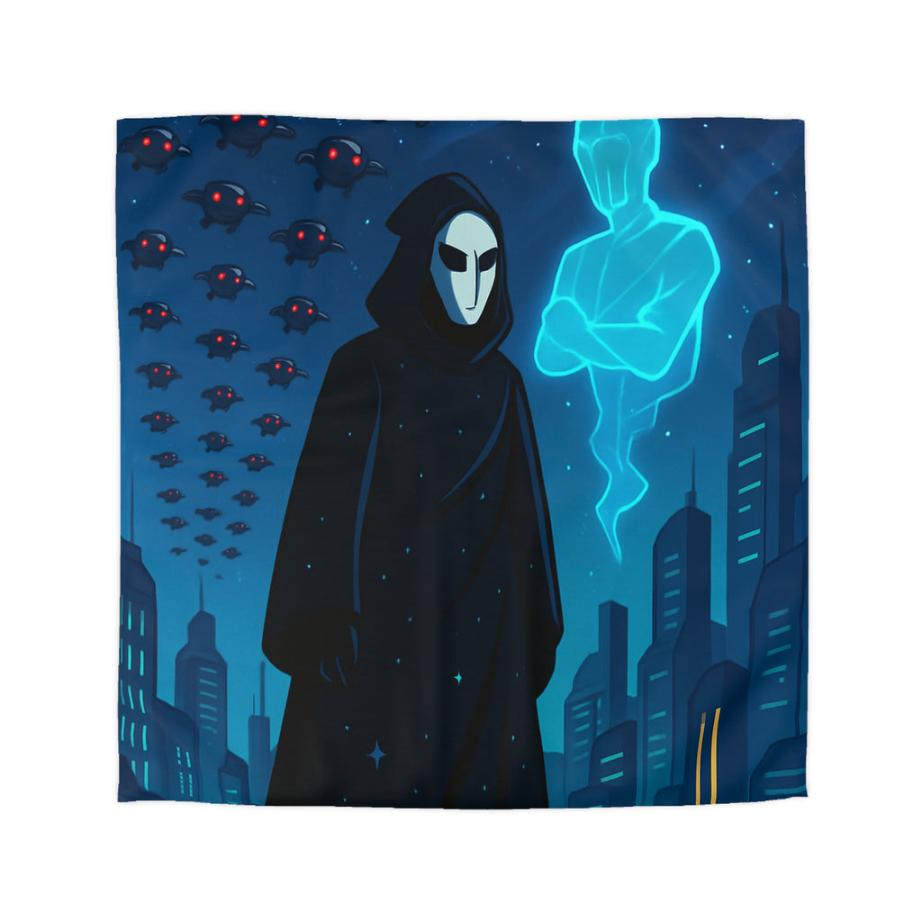 Housse de couette spatiale avec figure masquée et paysage urbain futuriste