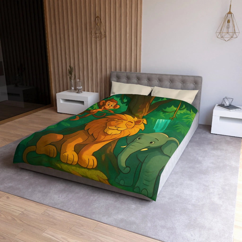 Housse de Couette Jungle Enchantée avec Lion, Singe, Éléphant et Chute d’Eau Magique