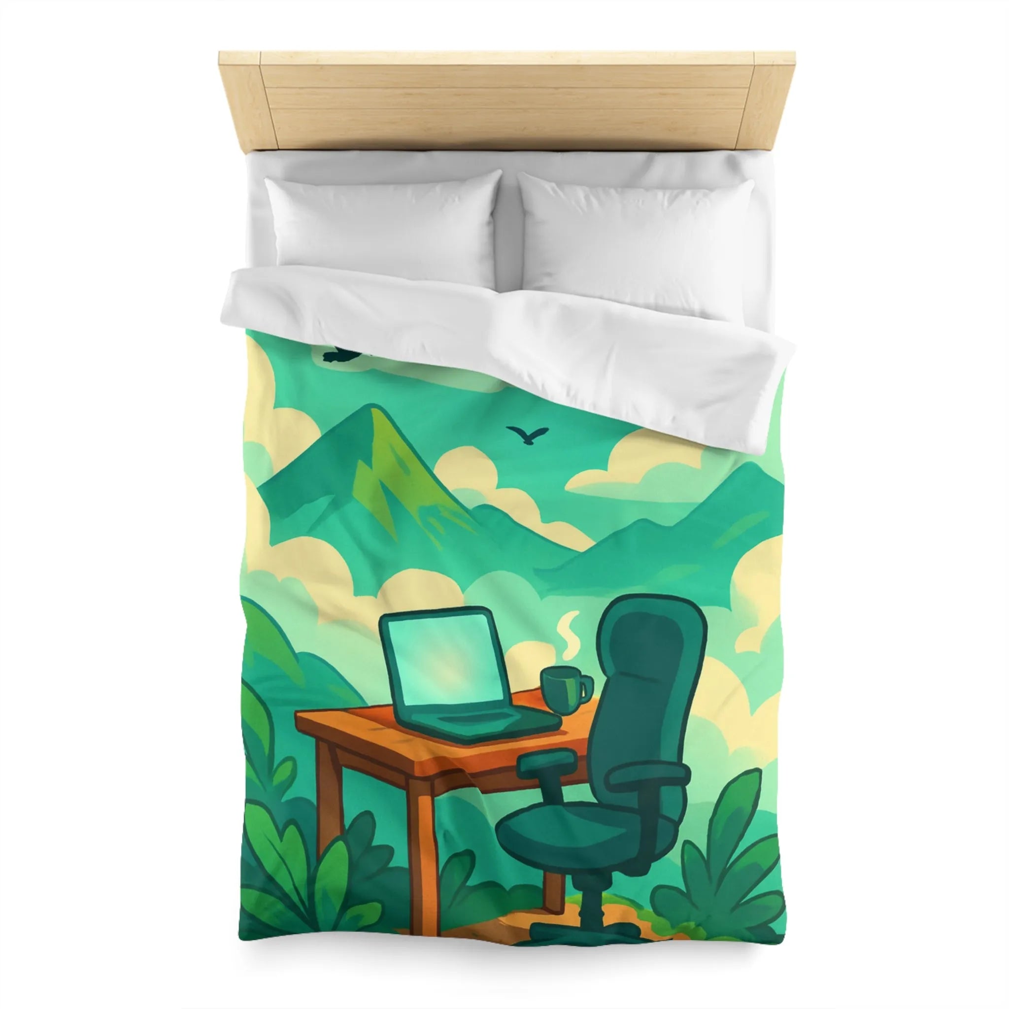 Housse de couette avec paysage de montagne, nature verdoyante, bureau et ciel serein