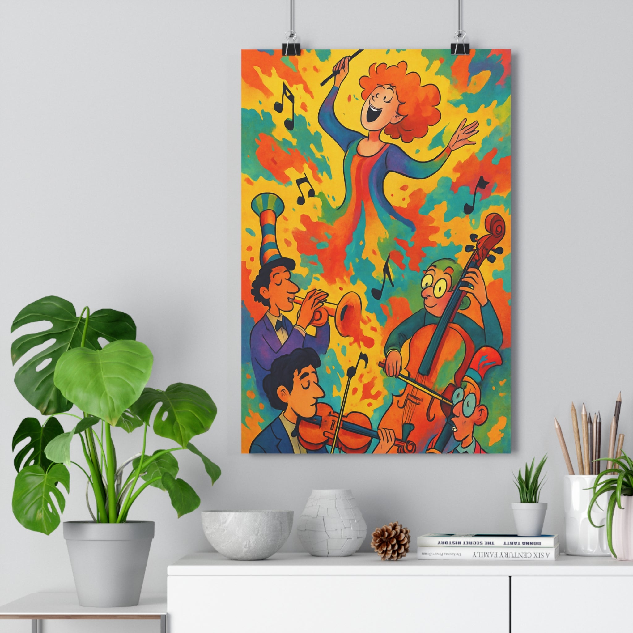 Poster décoratif animé jaune bleu orange salon joyeux musique moderne surréaliste créatif vibrant dynamique