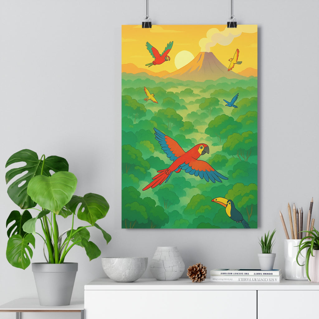 Poster décoratif coloré tropical perroquets toucan cartoon vibrant nature salon chambre exotique mural qualité