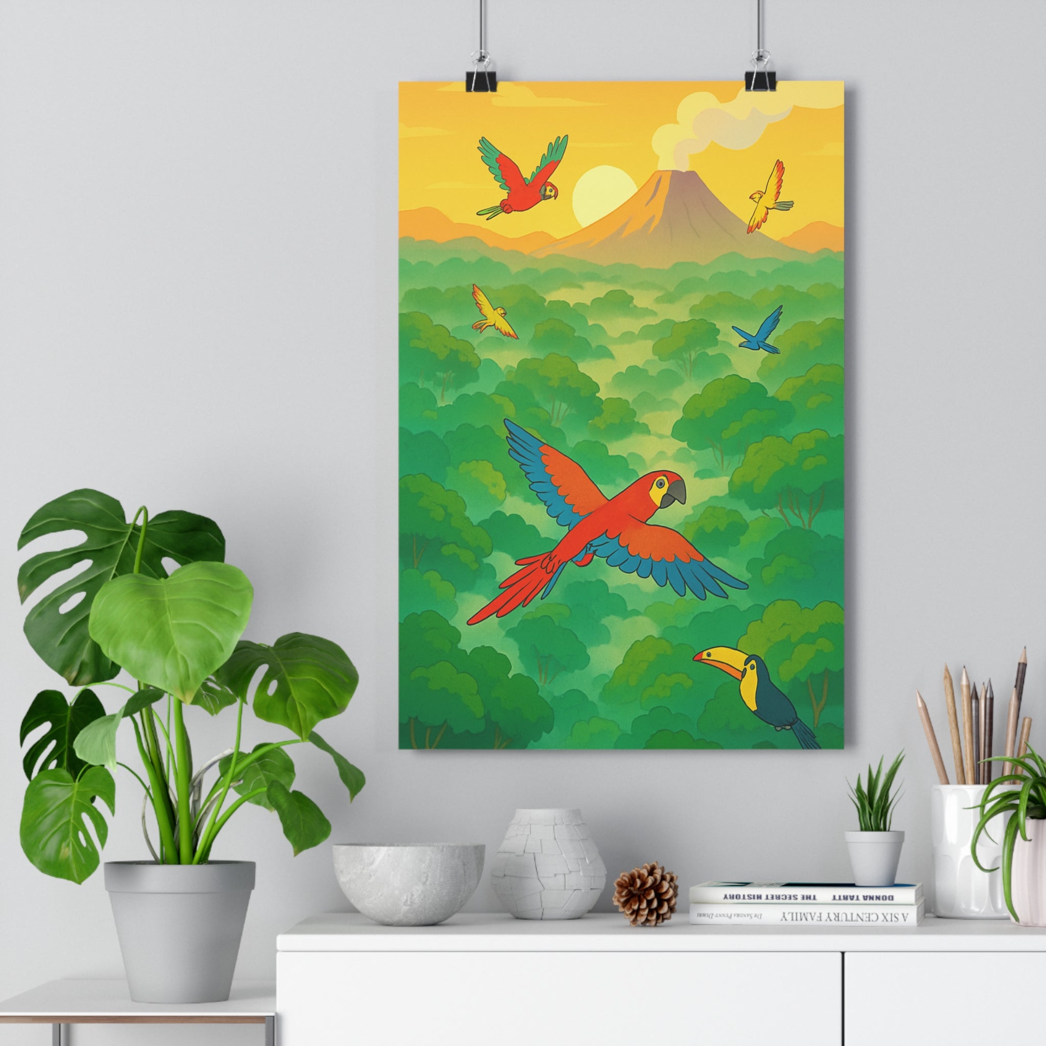 Poster décoratif coloré tropical perroquets toucan cartoon vibrant nature salon chambre exotique mural qualité