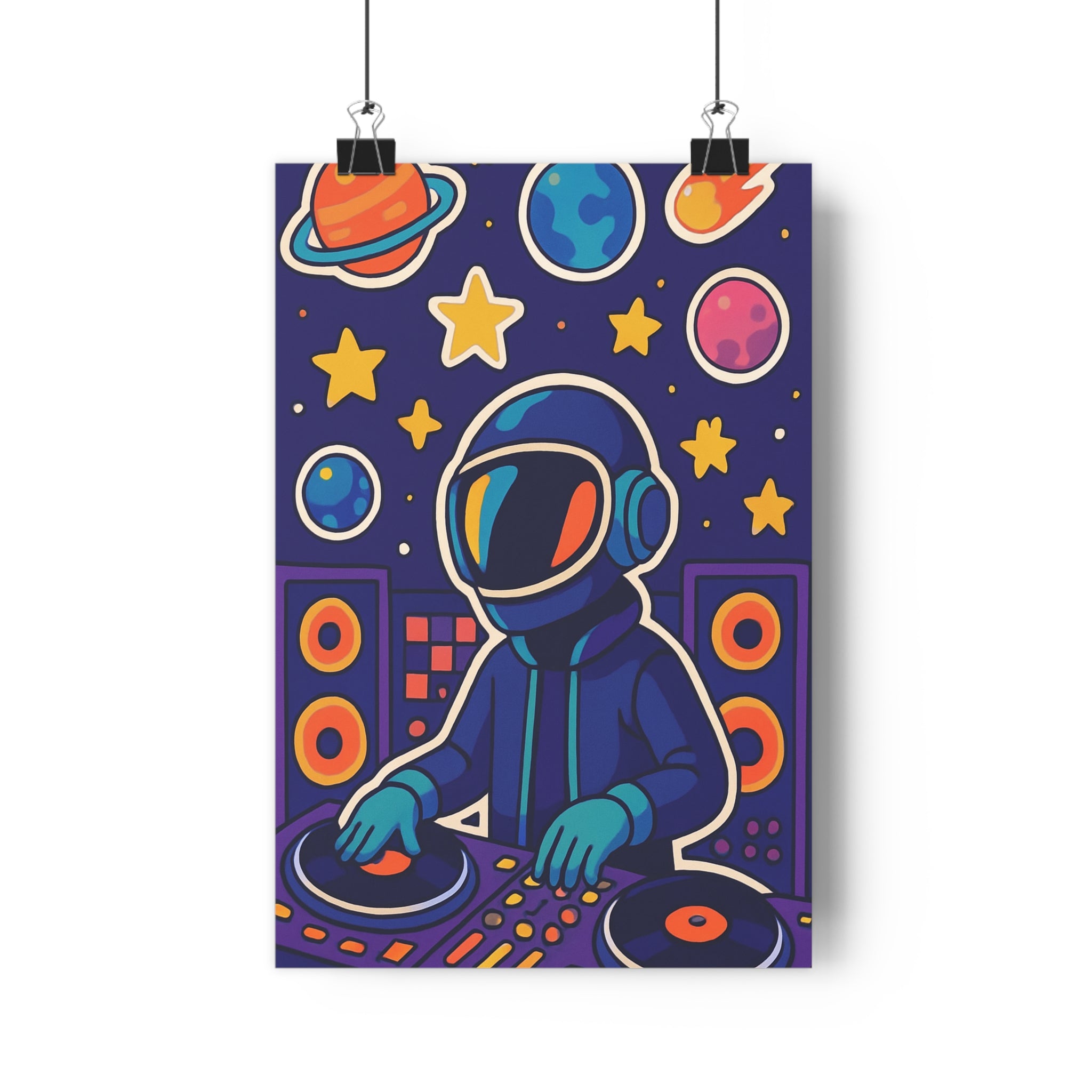 Poster décoratif futuriste espace bleu orange jaune dynamique chambre créatif personnage casque galactique 30x46