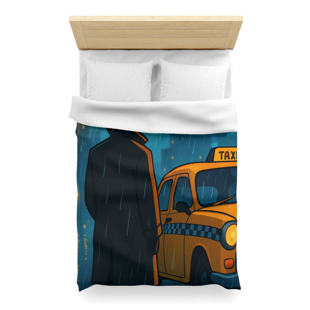 Mystérieux Homme En Imper Parapluie Noir Attendant Taxi Jaune Sous Pluie Urbaine Nocturne