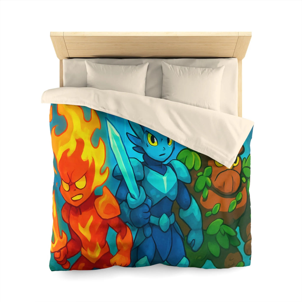 Housse de couette avec personnages élémentaires : feu, glace et terre, ambiance fantastique