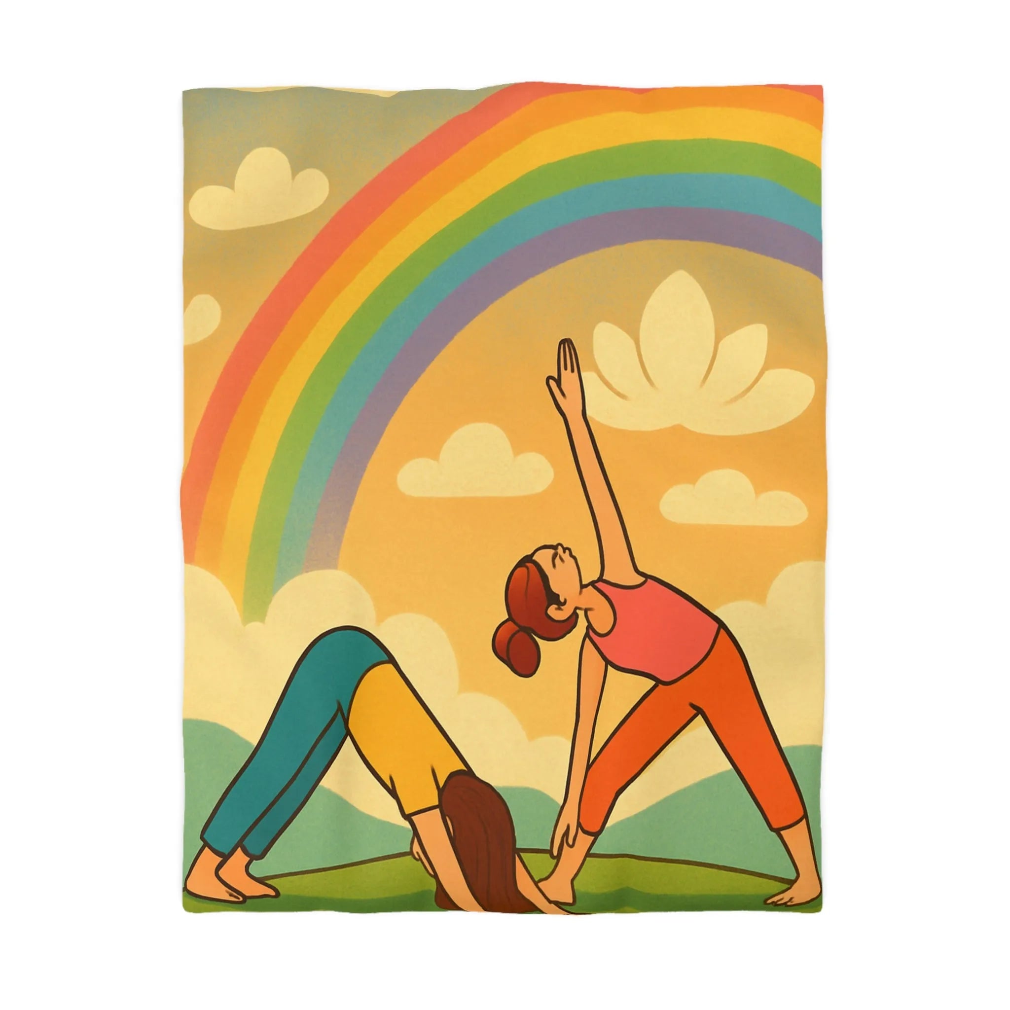 Housse De Couette Enfant Avec Arc-en-Ciel Coloré Et Personnages Pratiquant Le Yoga Énergique