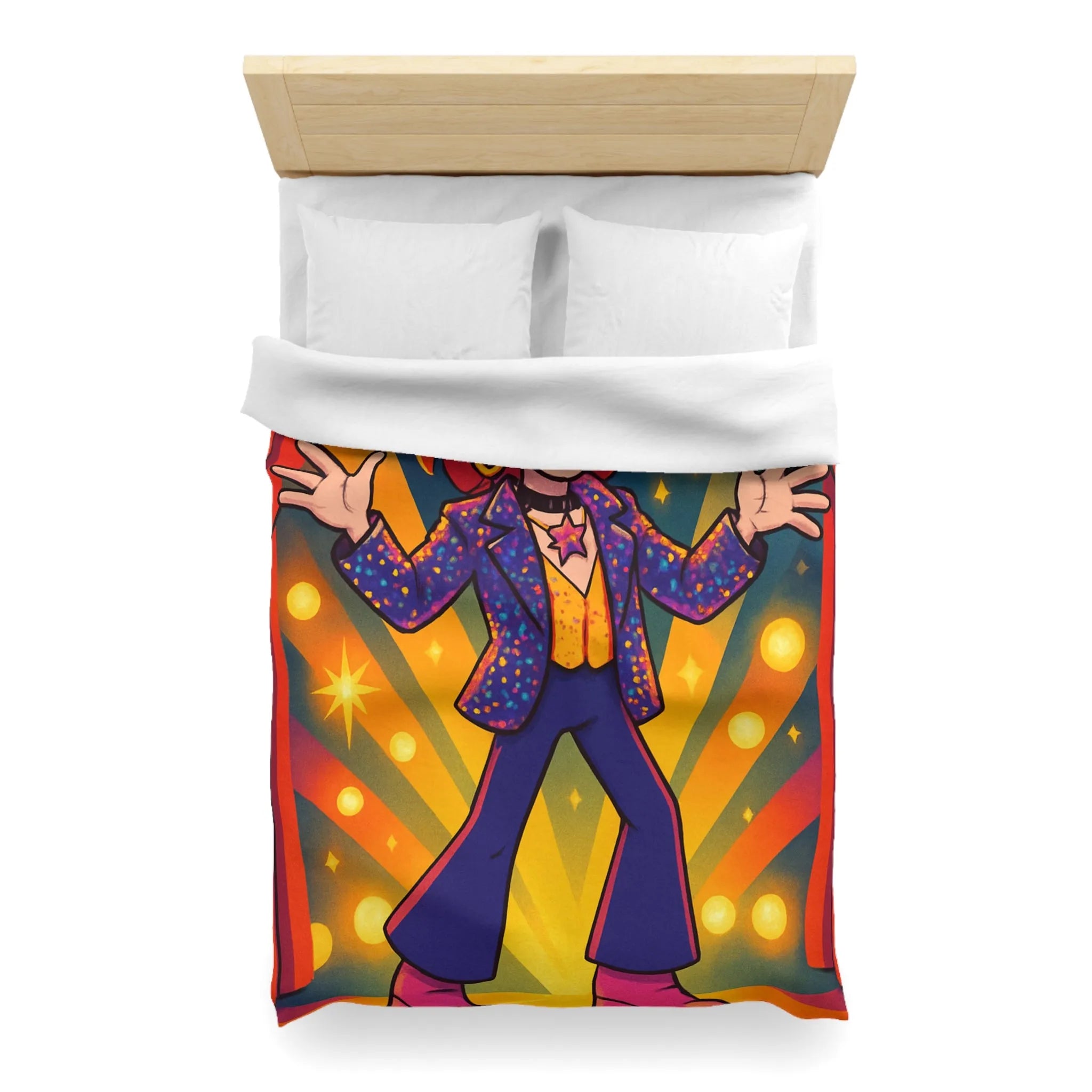 Housse de couette colorée avec personnage énergique sur scène, étoiles et rideaux rouges