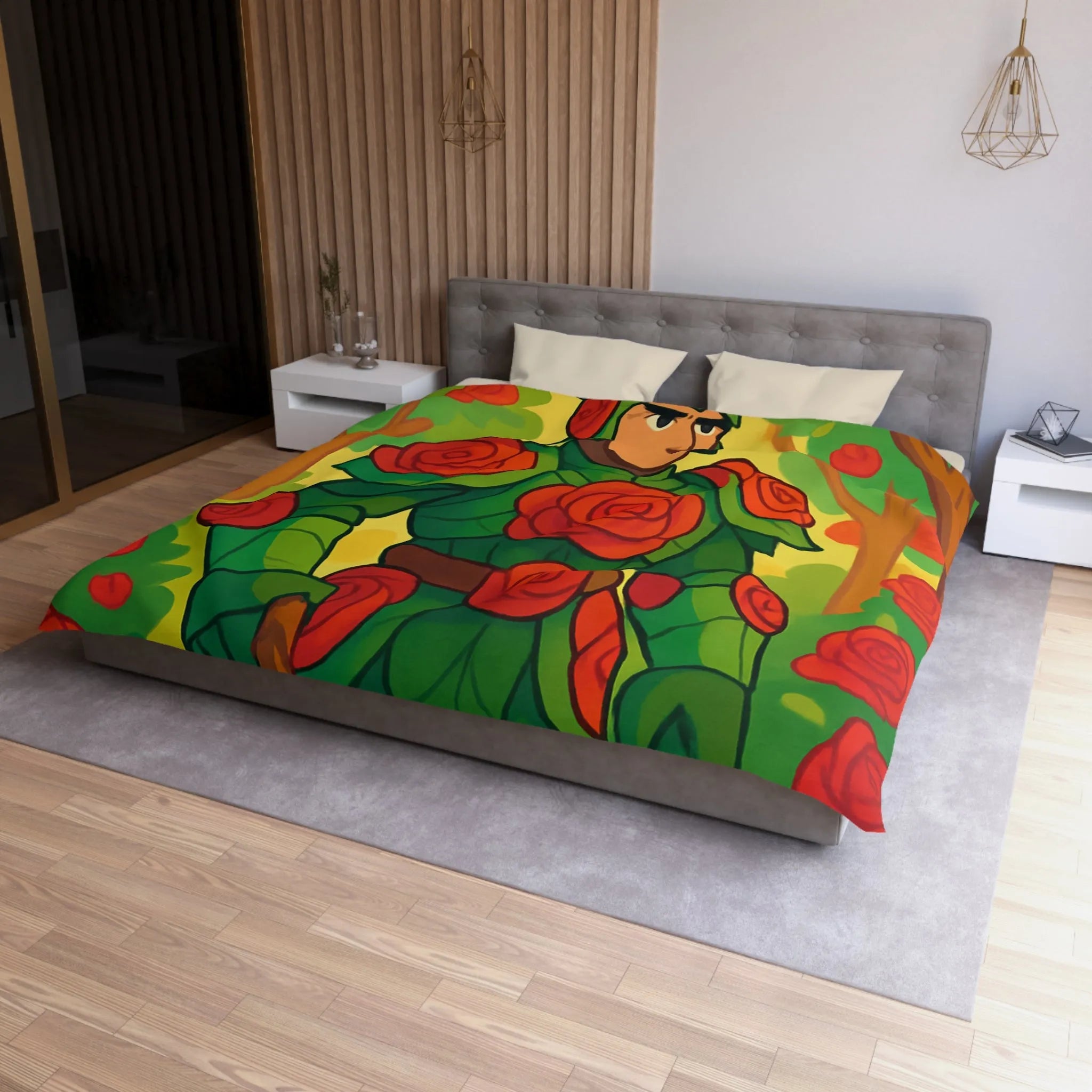 Housse de couette au design chevalier floral avec roses rouges et feuillage vert