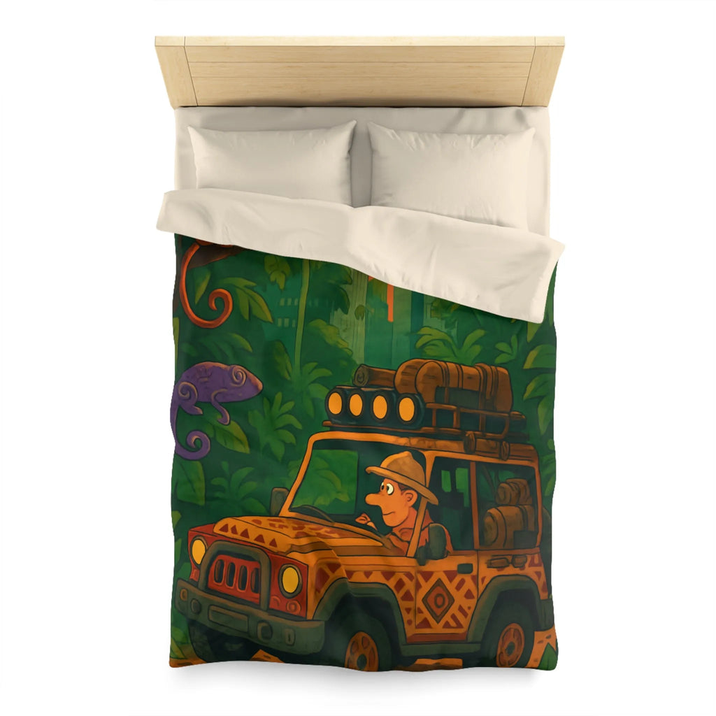 Housse de couette jungle aventure avec jeep, animaux exotiques et coucher de soleil vibrant