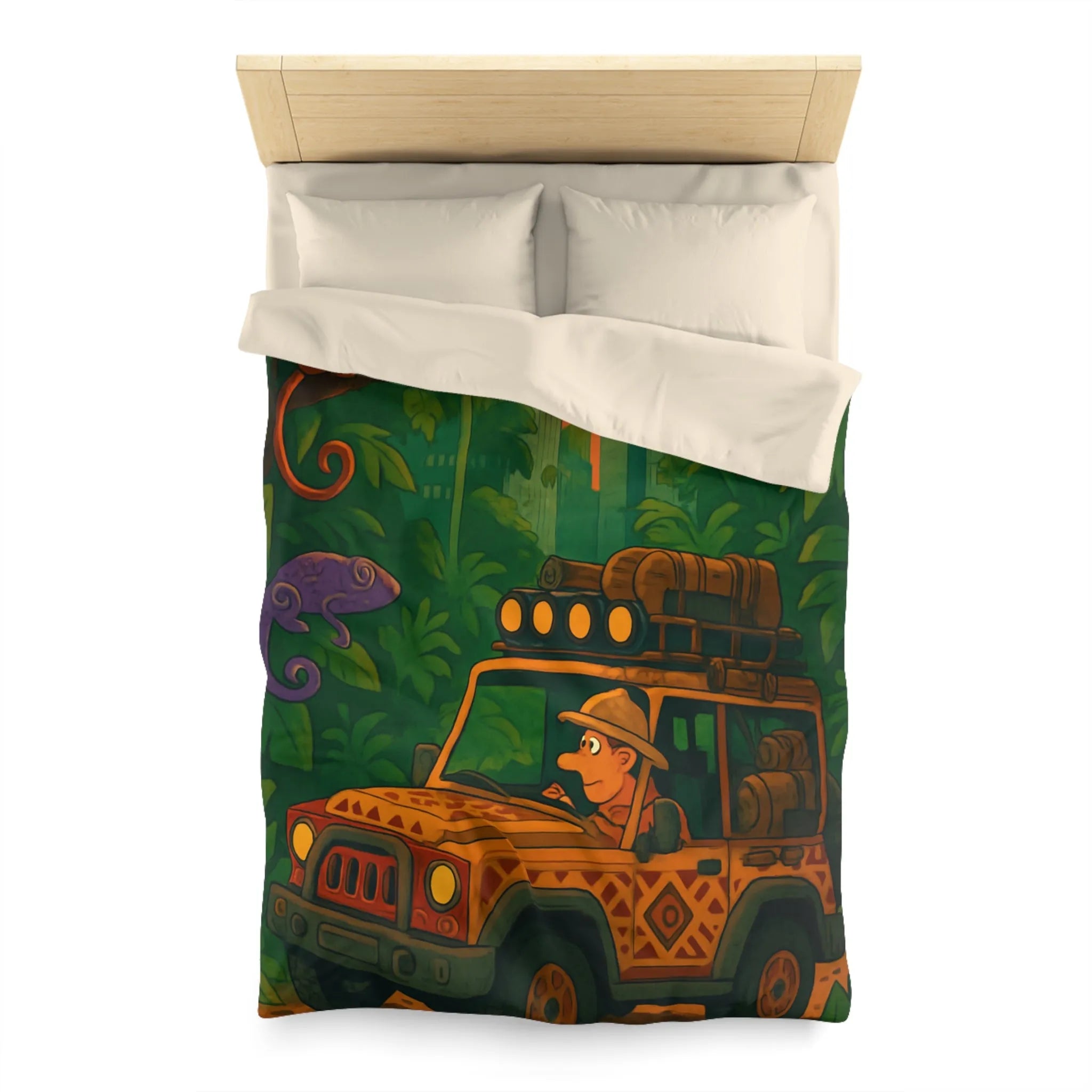 Housse de couette jungle aventure avec jeep, animaux exotiques et coucher de soleil vibrant