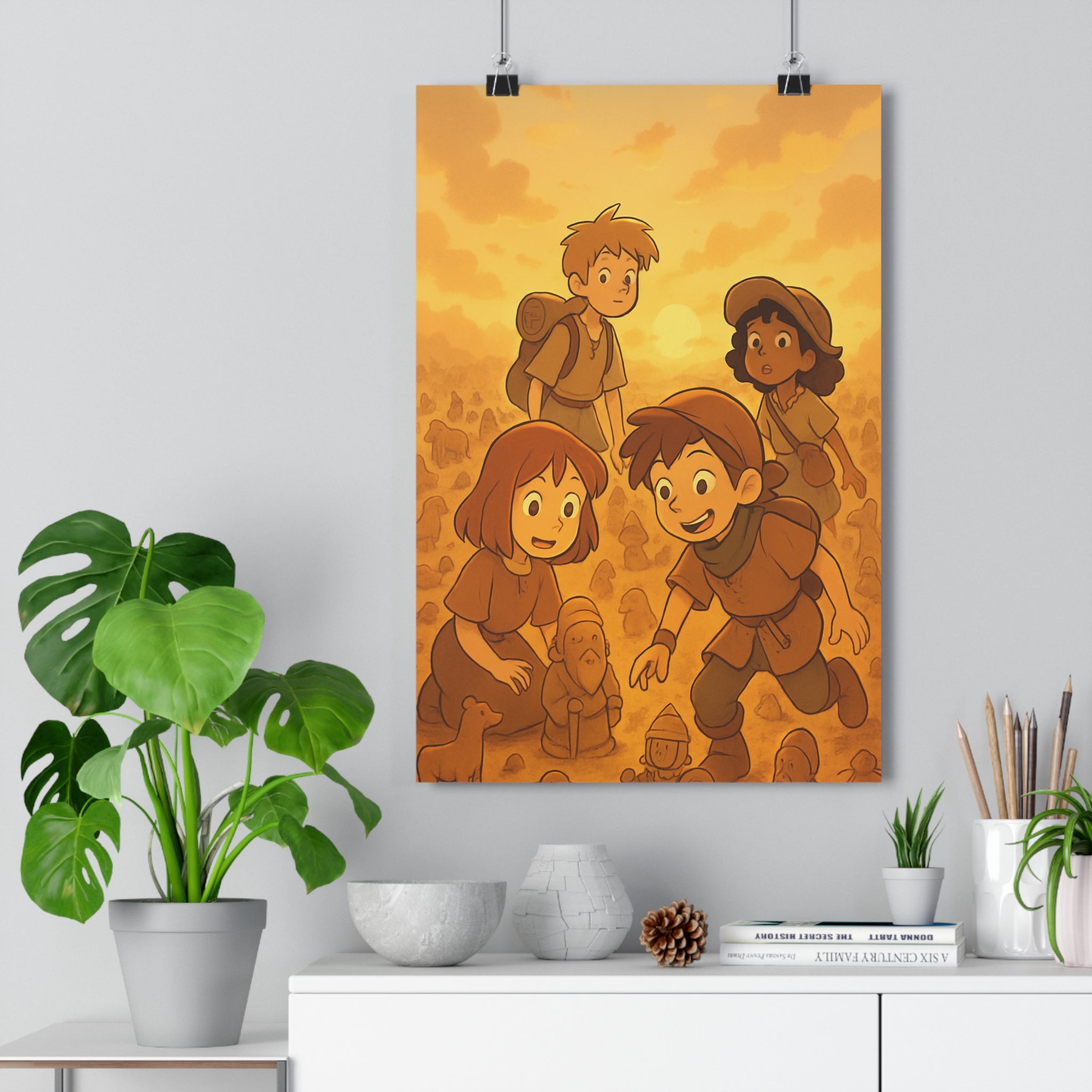 Poster décoratif aventure enfants argile terracotta chaleureux chambre créatif explorateur paysage animé format 30
