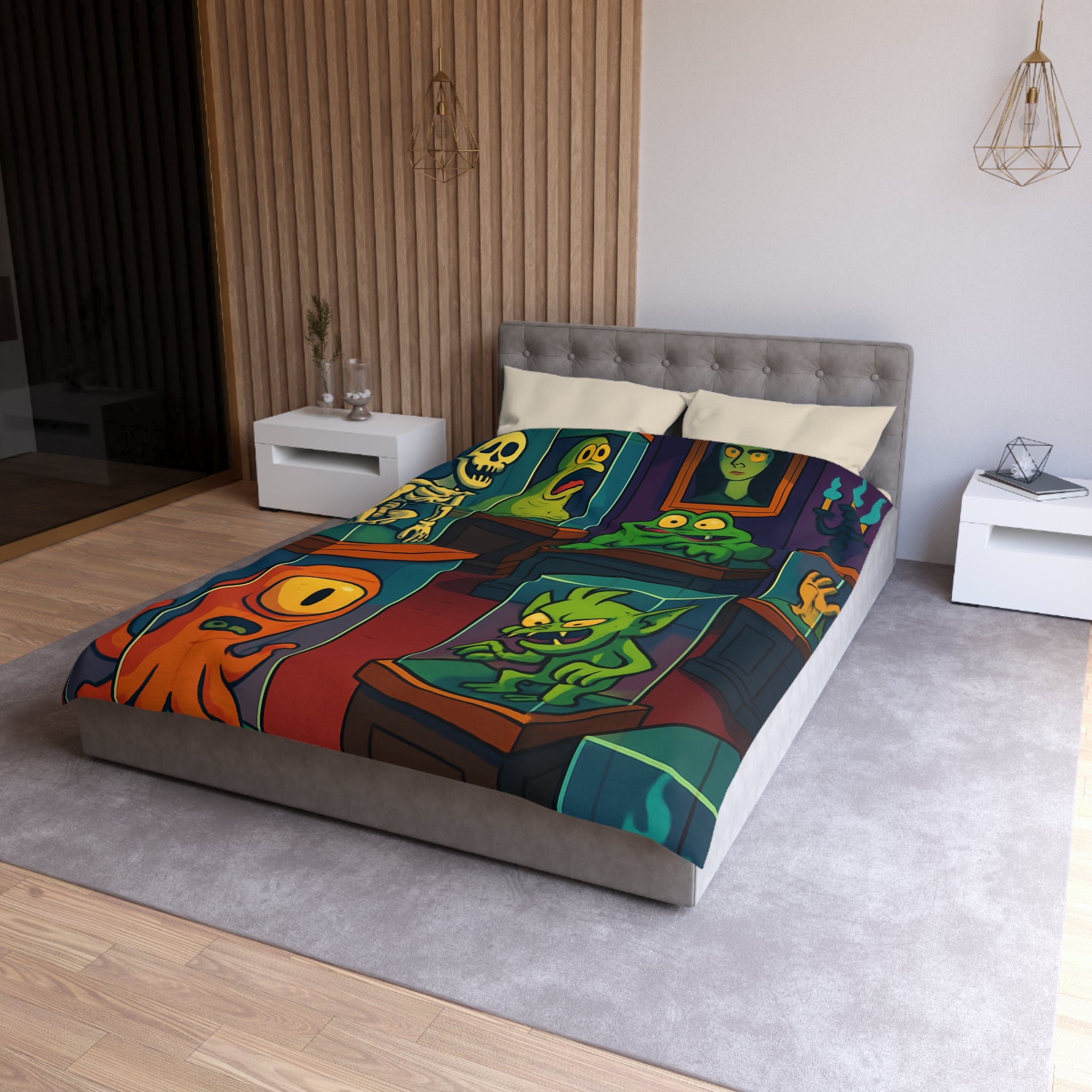 Housse de couette pour enfant avec monstres comiques dans un musée fantaisiste et coloré