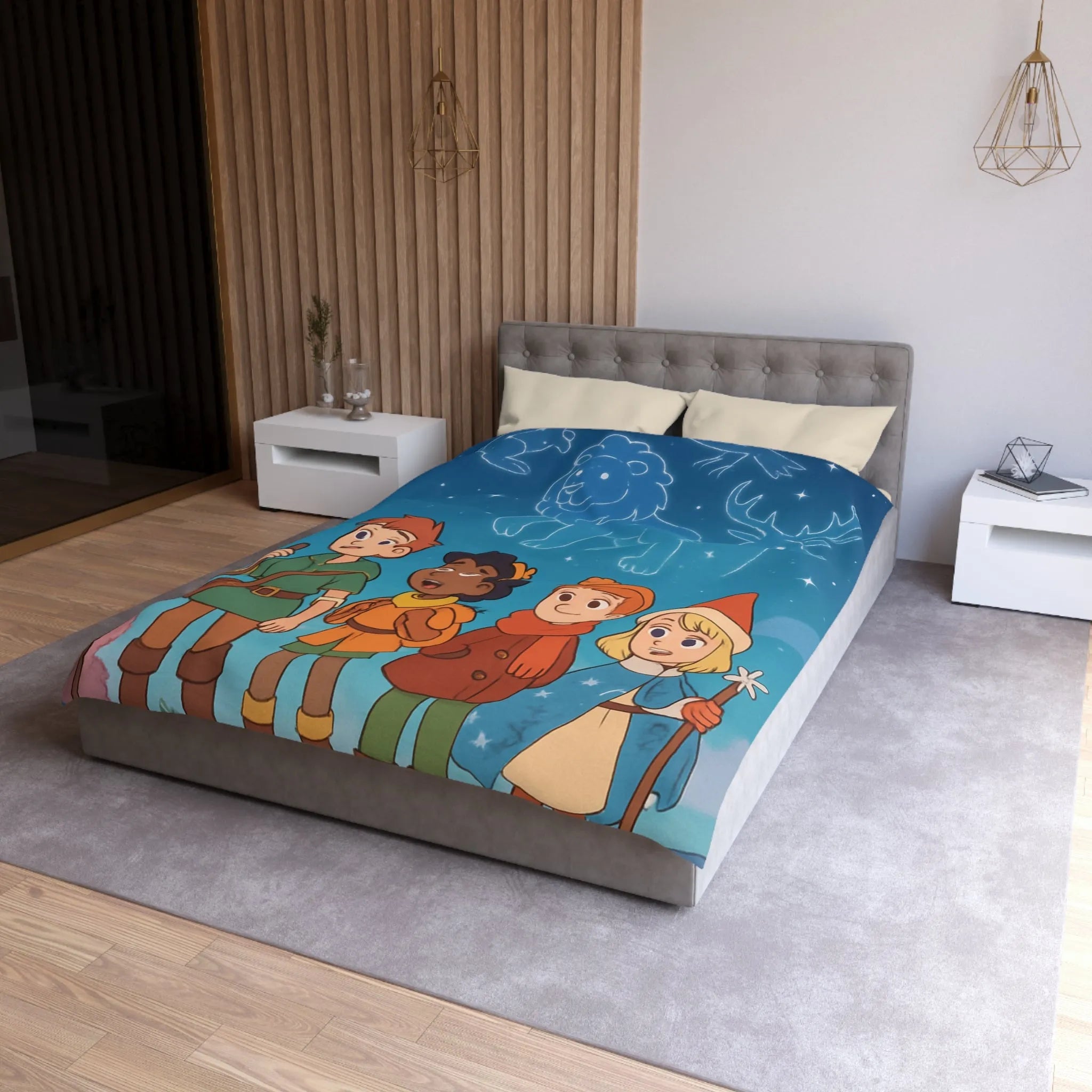 Housse de couette colorée avec enfants aventuriers et constellations nuit étoilée