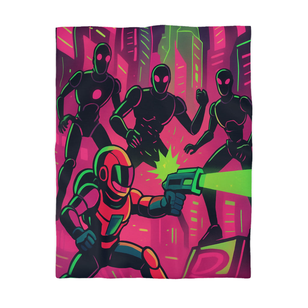 Housse de couette néon futuriste avec combat spatial, designs vifs rétro et cyberpunk