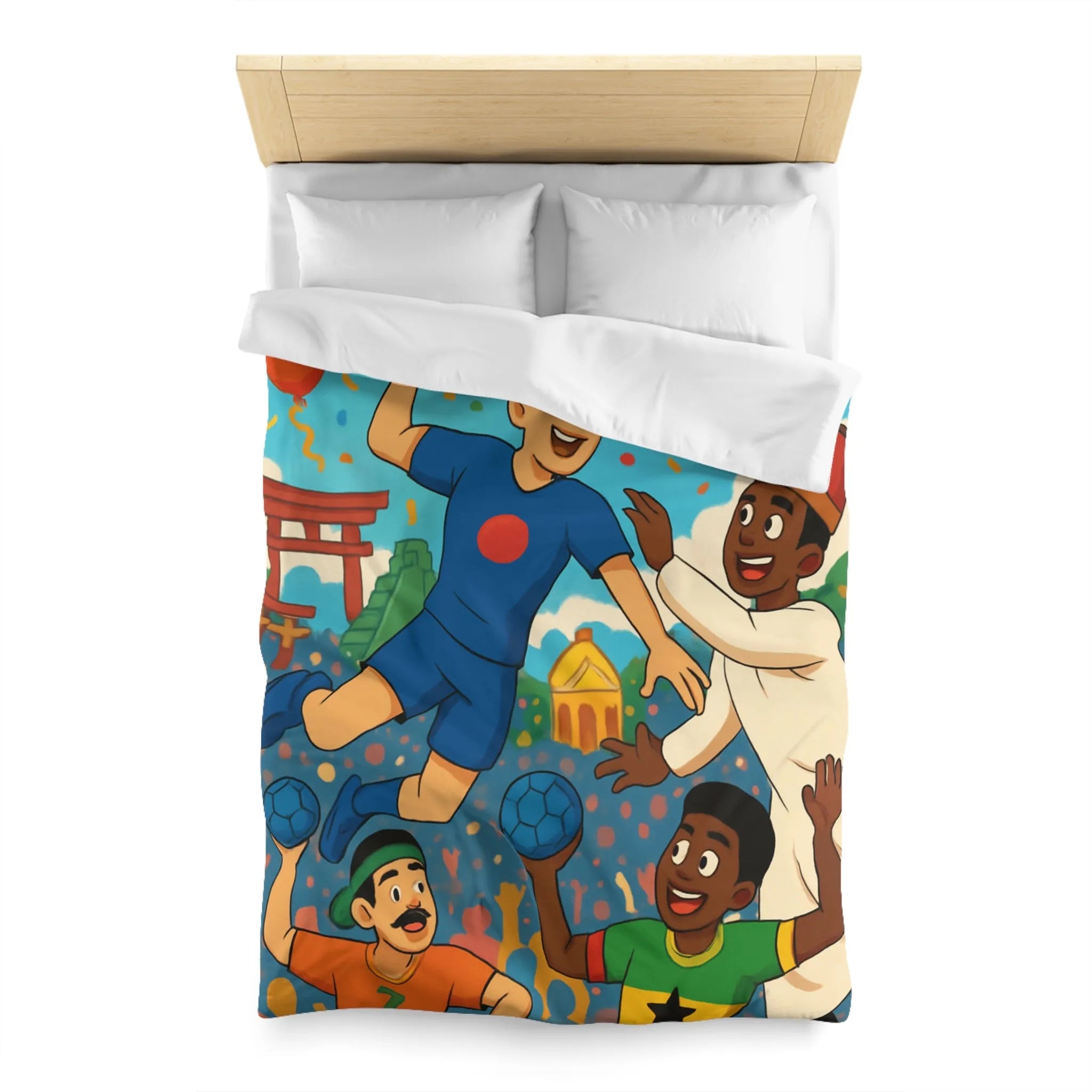 Housse de couette colorée célébrant la diversité multiculturelle avec ballons et drapeaux