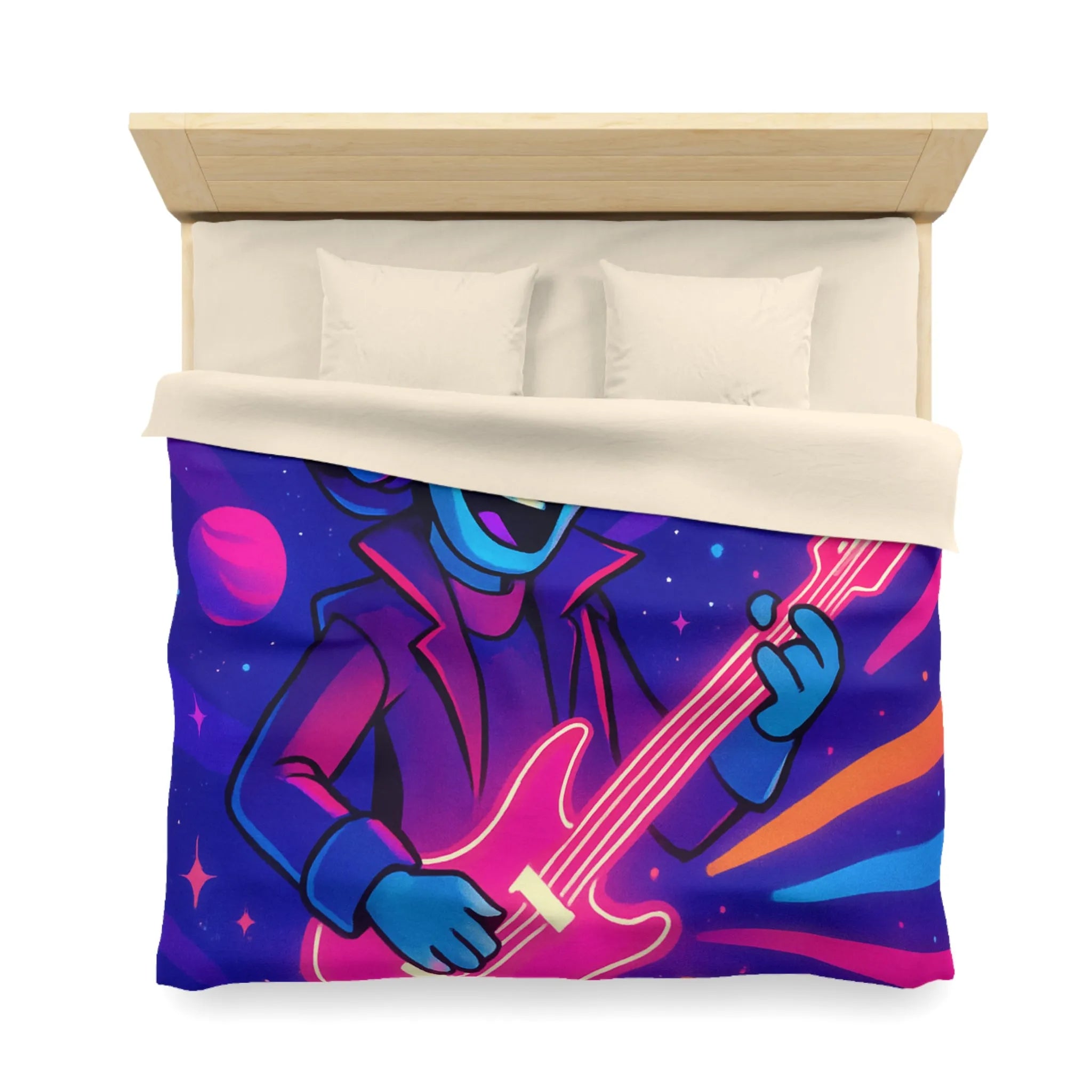 Housse de Couette Galactique avec Musicien Alien et Planètes Multicolores en Néon Vibrant