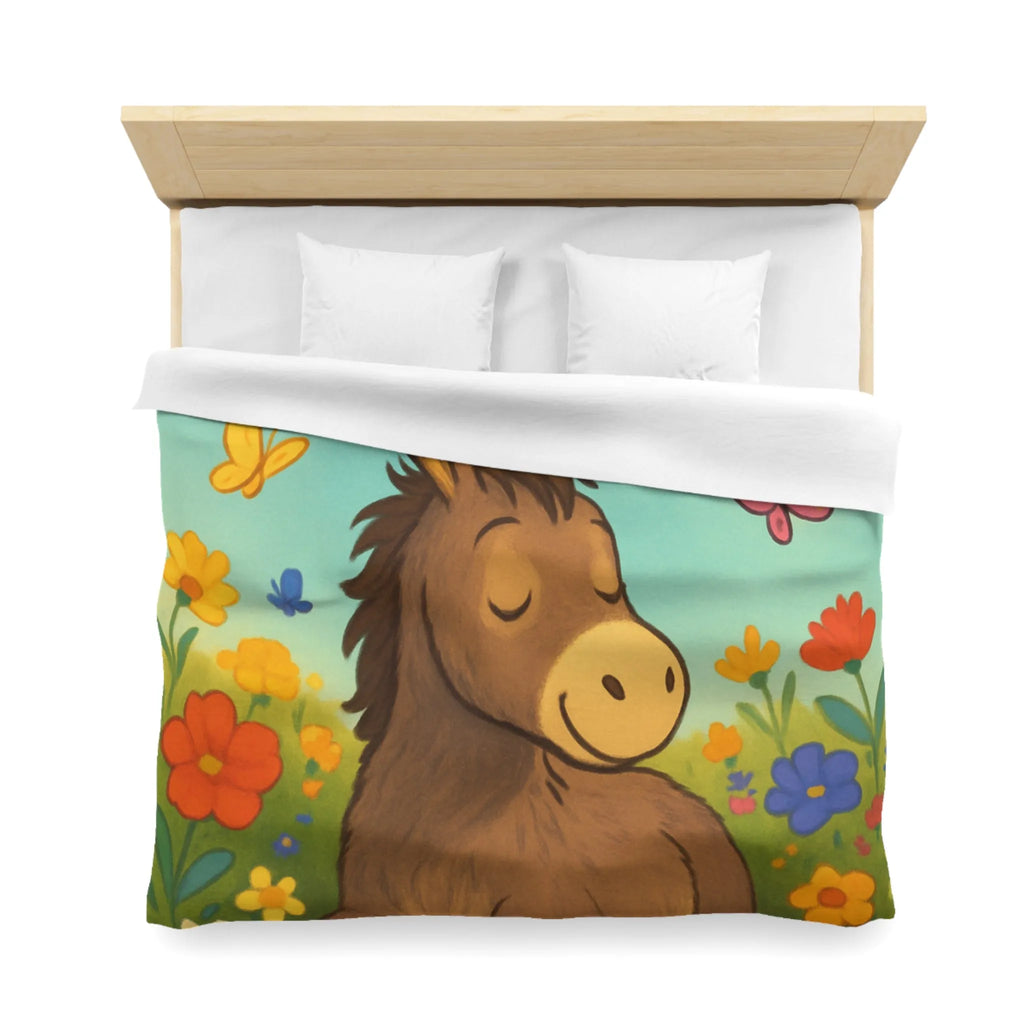 Housse de couette enfant Âne endormi, fleurs colorées et papillons dans un pré