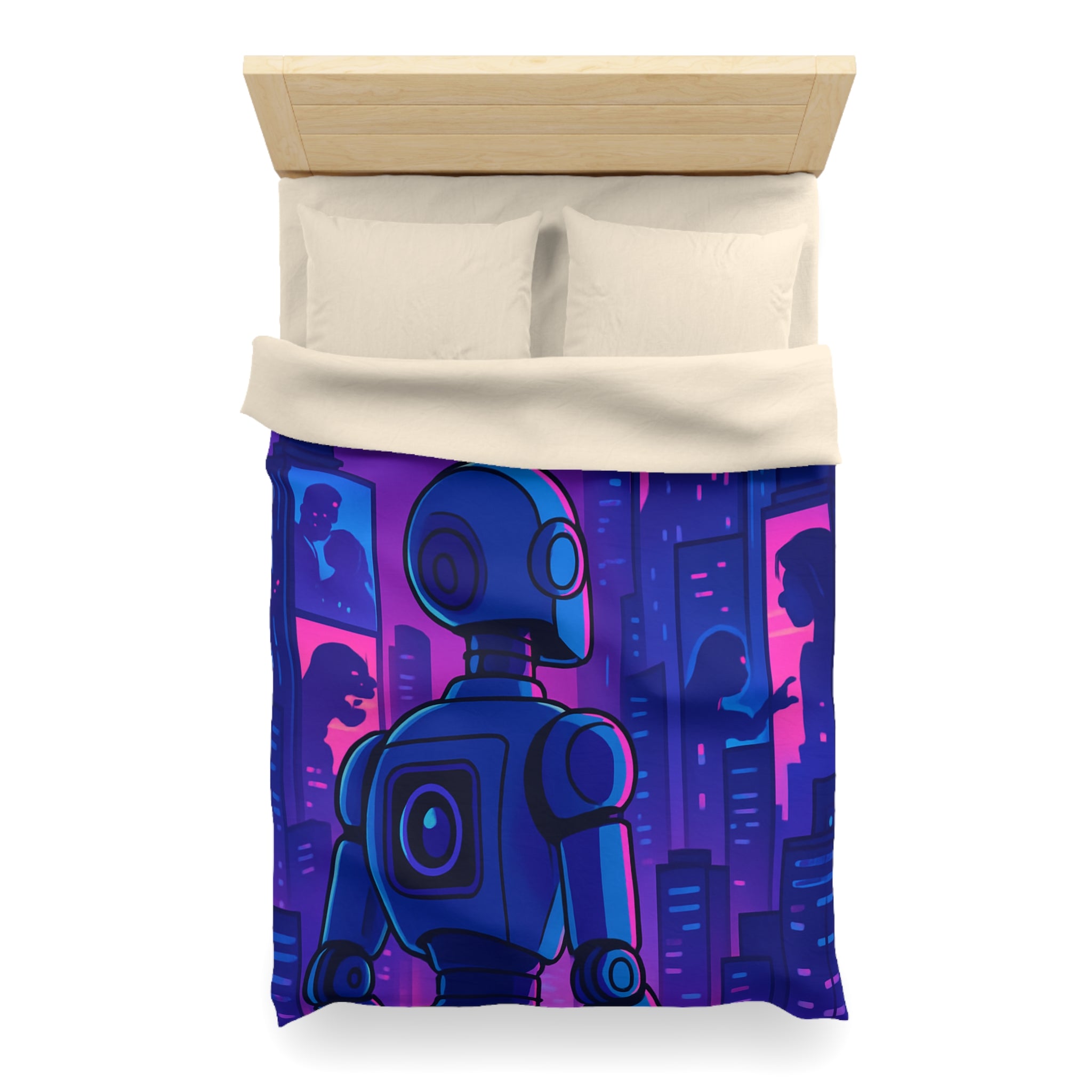 Séduisante housse de couette futuriste robot bleu néons drones anime horizon nuit