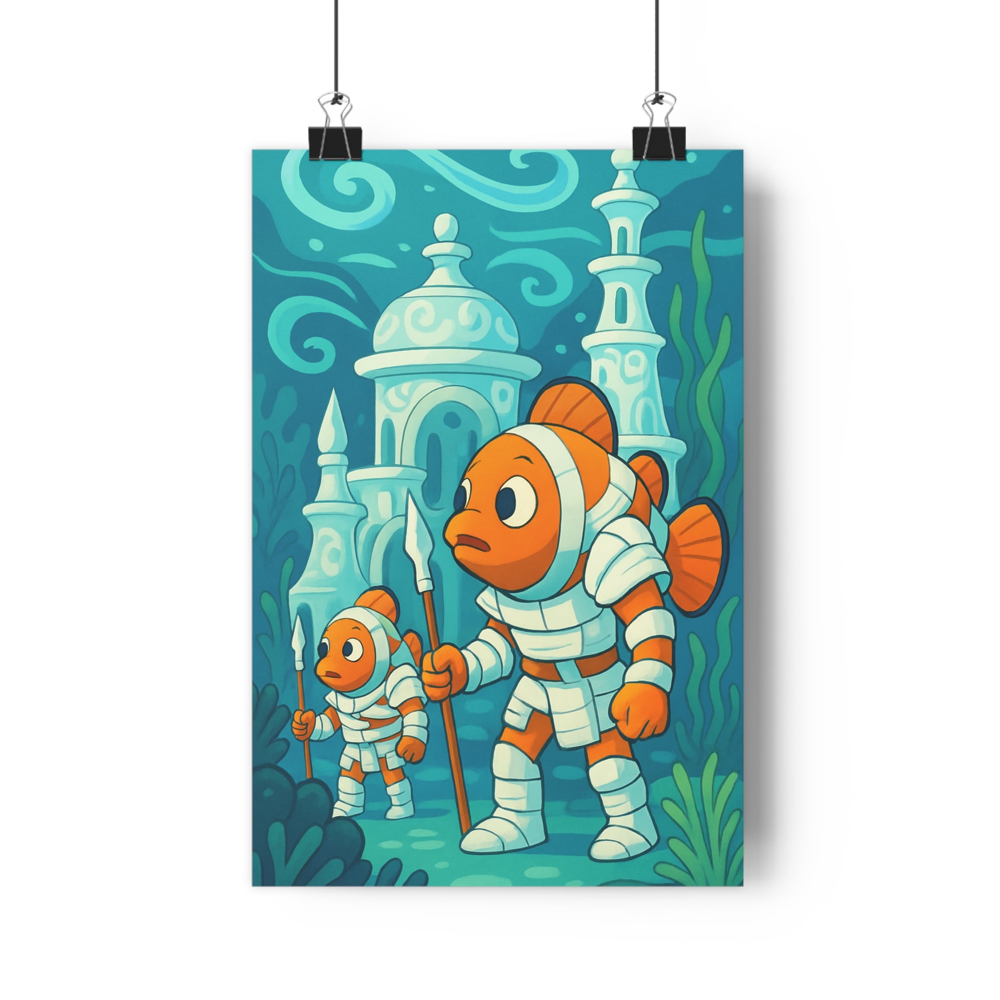 Poster décoratif anime bleu orange sousmarin aventure chambre enfant vibrant unique artistique fantastique créatif