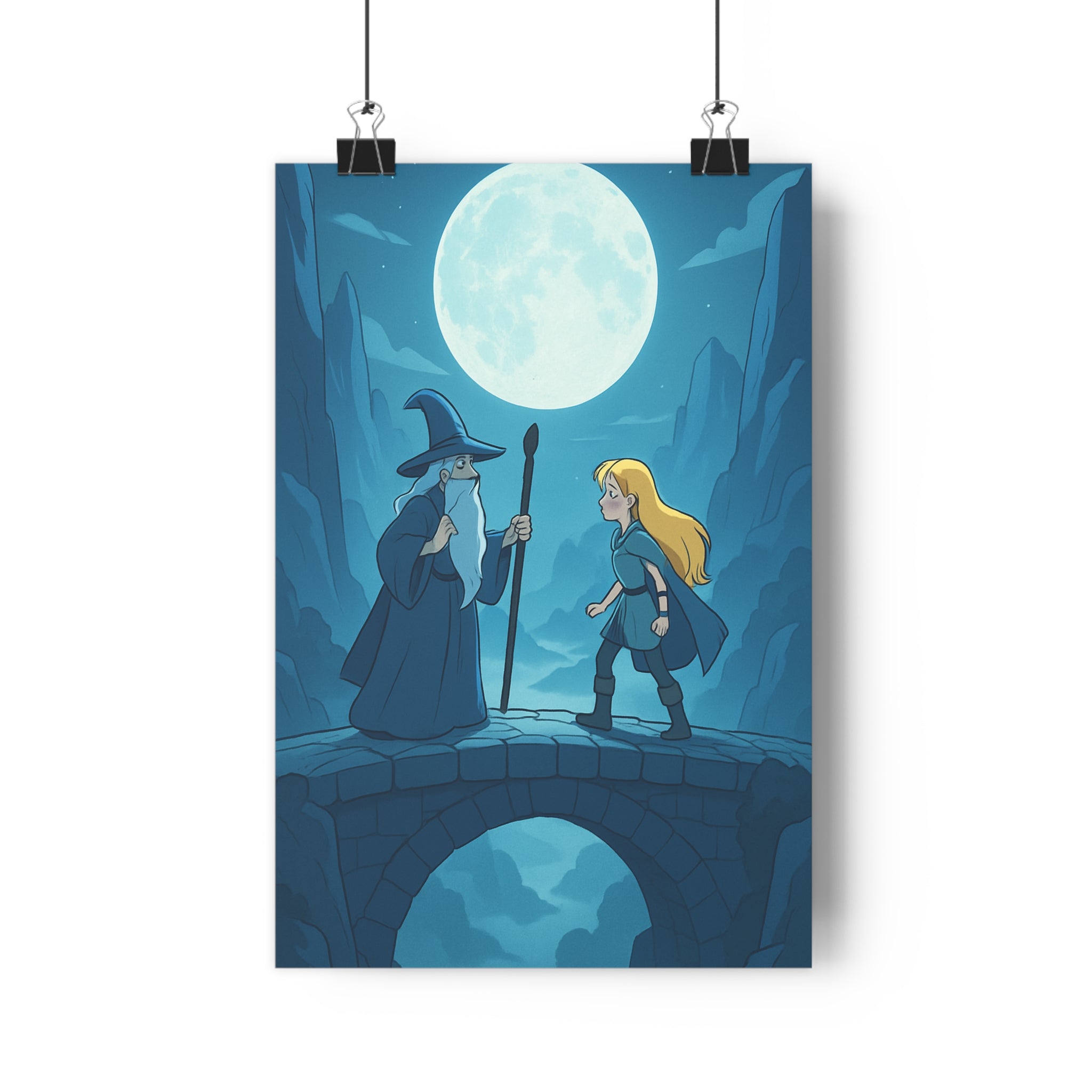 Poster décoratif animé bleu mystique magique salon chambre lune nocturne ambiance mystérieuse ombrages contrastes