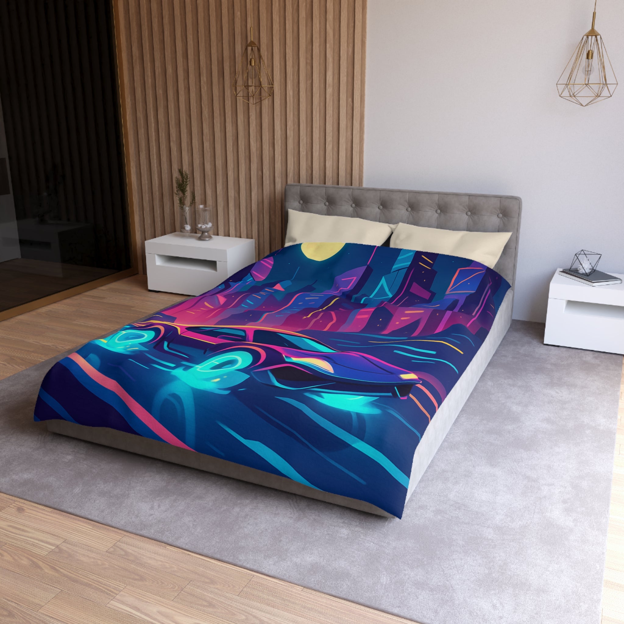 Parure de lit futuriste avec voiture néon sous lune pleine en ville vibrante