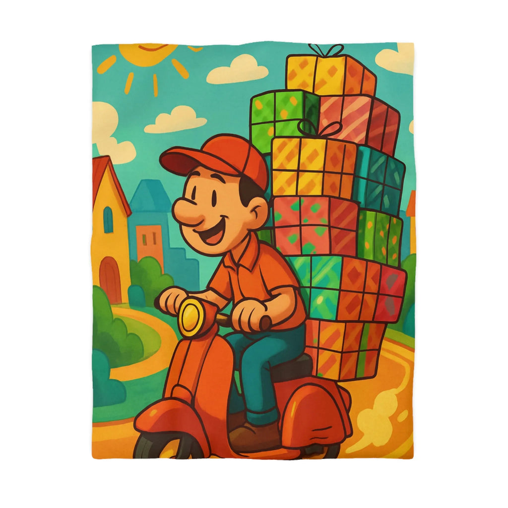 Housse de couette joyeuse avec livreur gai transportant des cadeaux colorés sur scooter