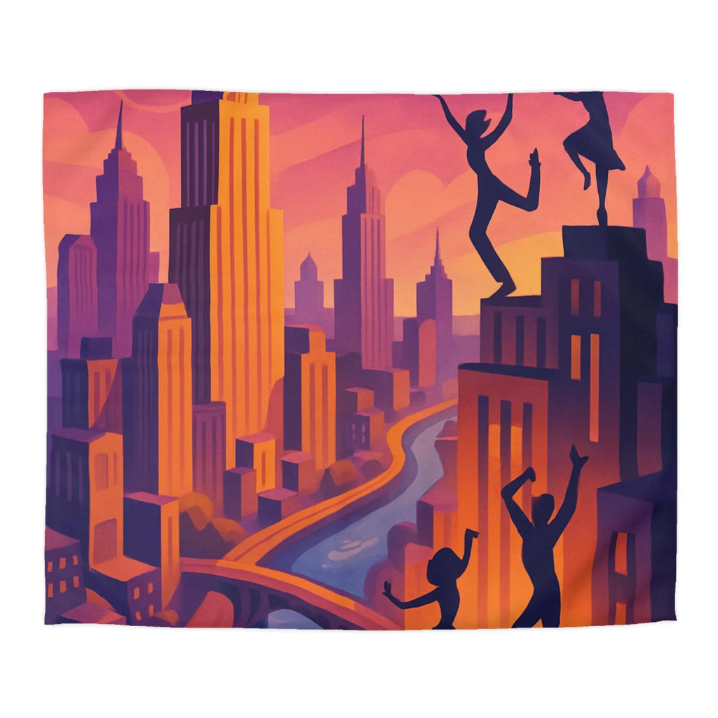 Housse de Couette avec Danseurs et Ville au Coucher de Soleil, Tonalités Vibrantes
