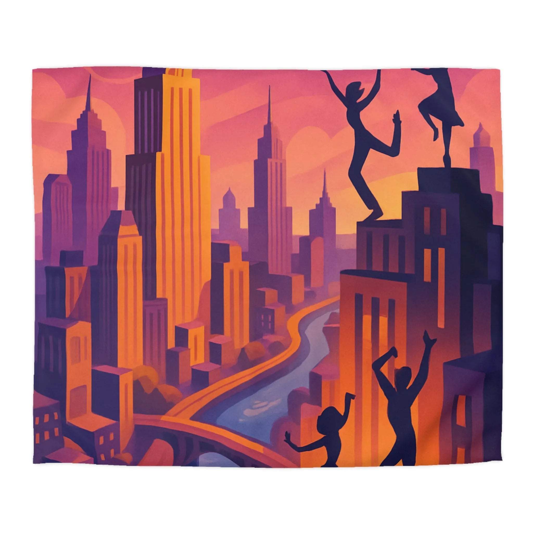 Housse de Couette avec Danseurs et Ville au Coucher de Soleil, Tonalités Vibrantes