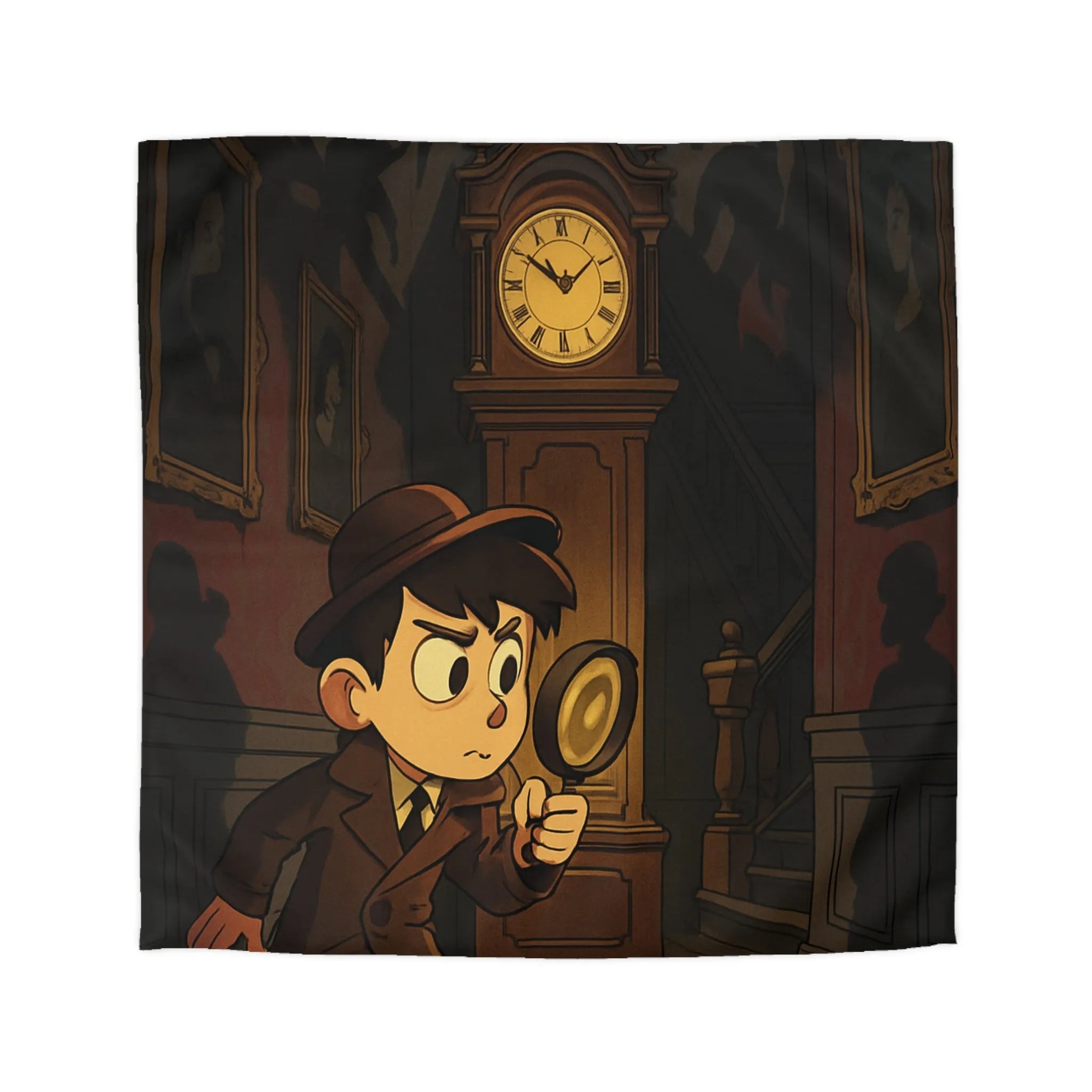 Housse de couette détective vintage avec horloge et silhouettes mystérieuses pour ambiance intrigante