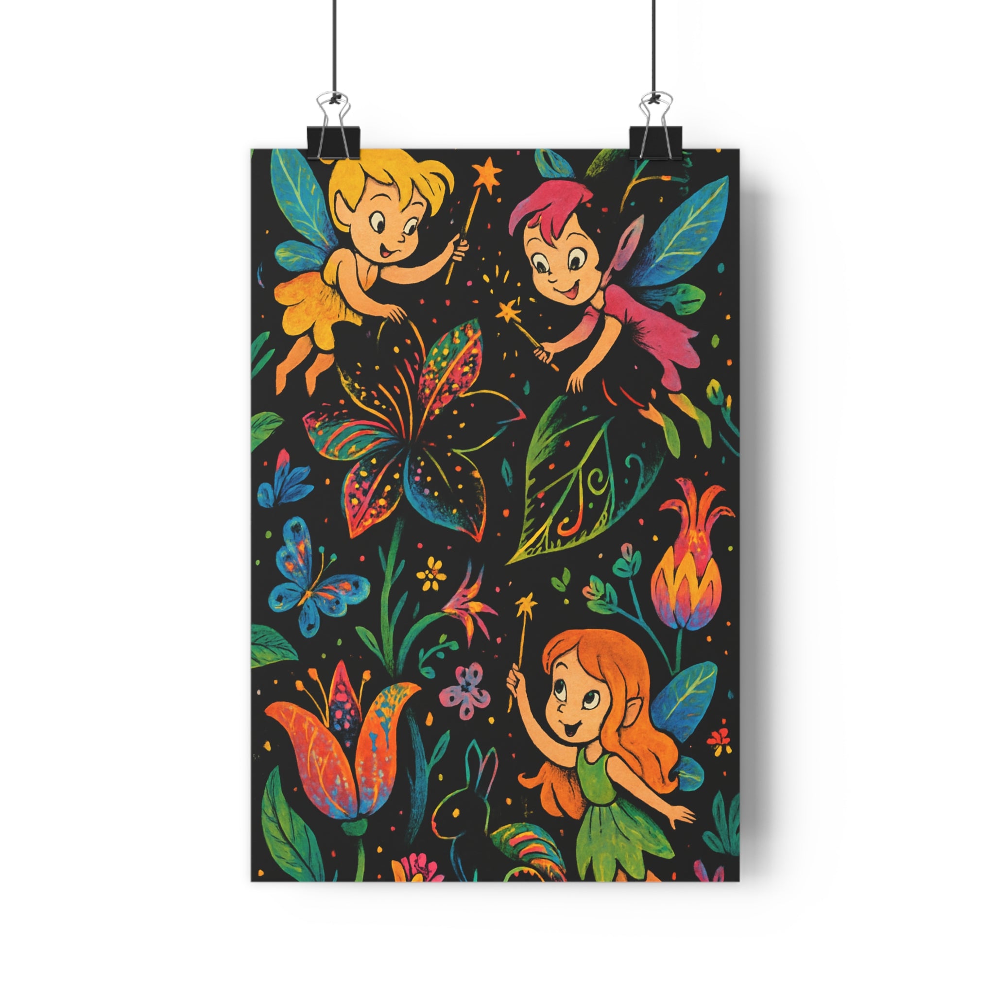 Poster décoratif féerique enfant jardin enchanté dessin animé coloré magique joyeux papillons fleurs 30x46