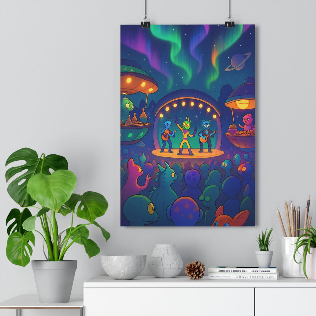 Poster décoratif festival intergalactique extraterrestres coloré joyeux cartoon ambiance fantastique salon chambre moderne unique