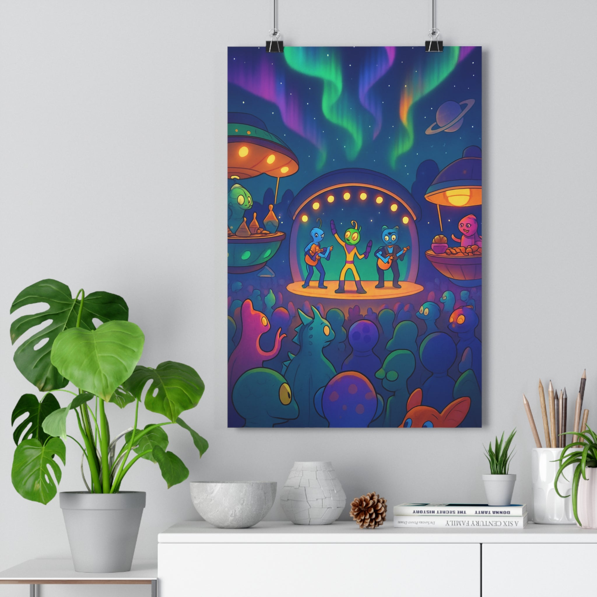 Poster décoratif festival intergalactique extraterrestres coloré joyeux cartoon ambiance fantastique salon chambre moderne unique