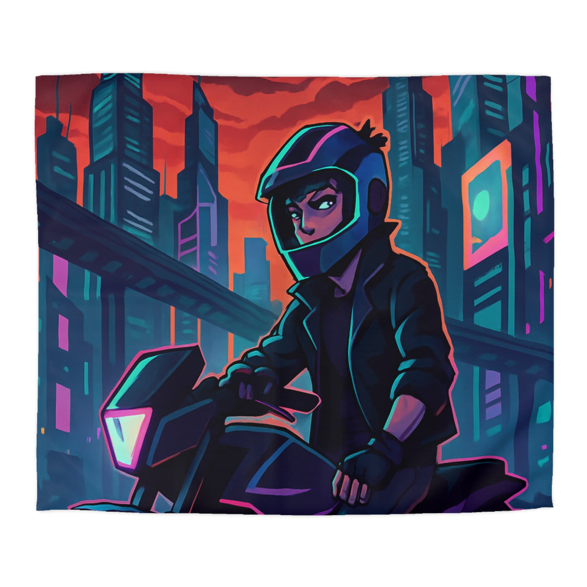 Housse de couette urbaine avec motard futuriste dans une ville de néons colorés