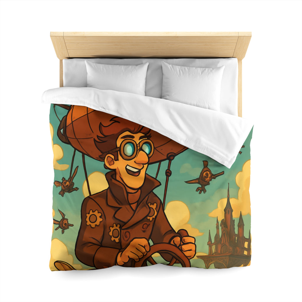 Housse de Couette Steampunk avec Ballon Dirigeable et Cité Volante dans le Ciel