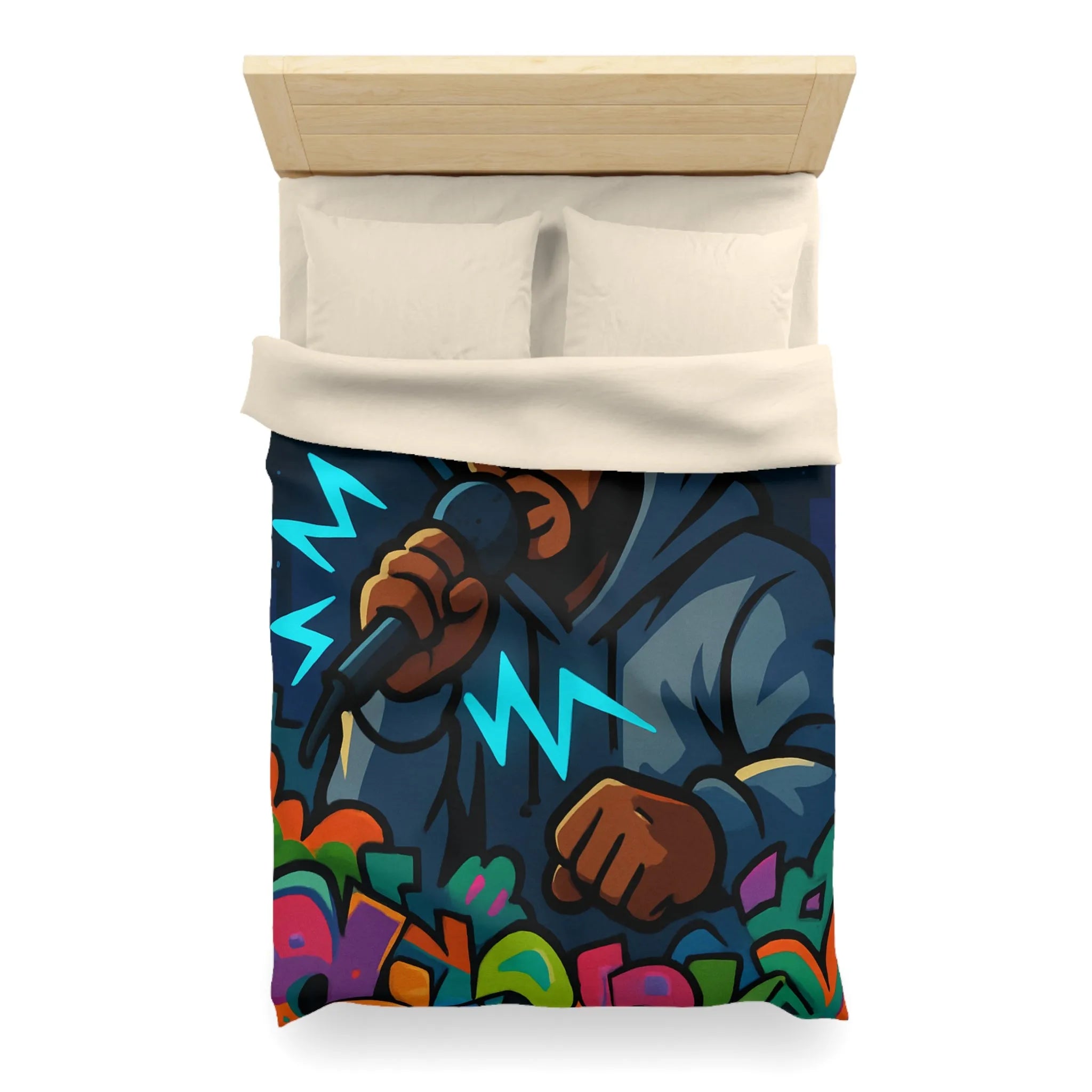 Housse de couette avec artiste hip-hop en hoodie et graffitis colorés de rue