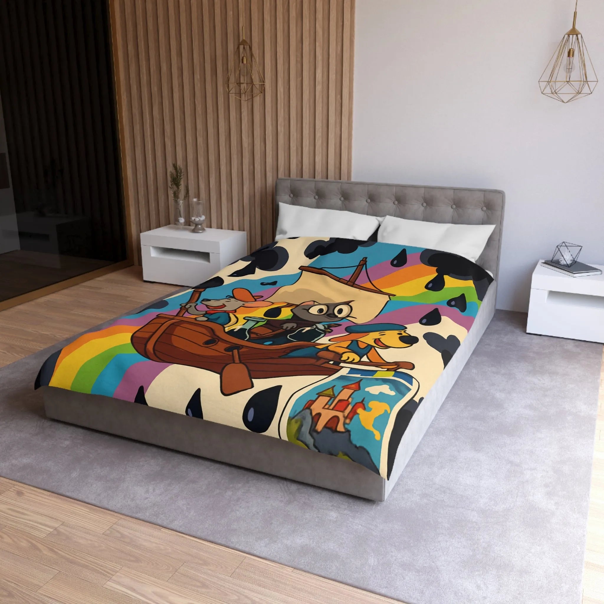 Housse de couette enfant avec animaux navigateurs sur arc-en-ciel et bateau enchanteur