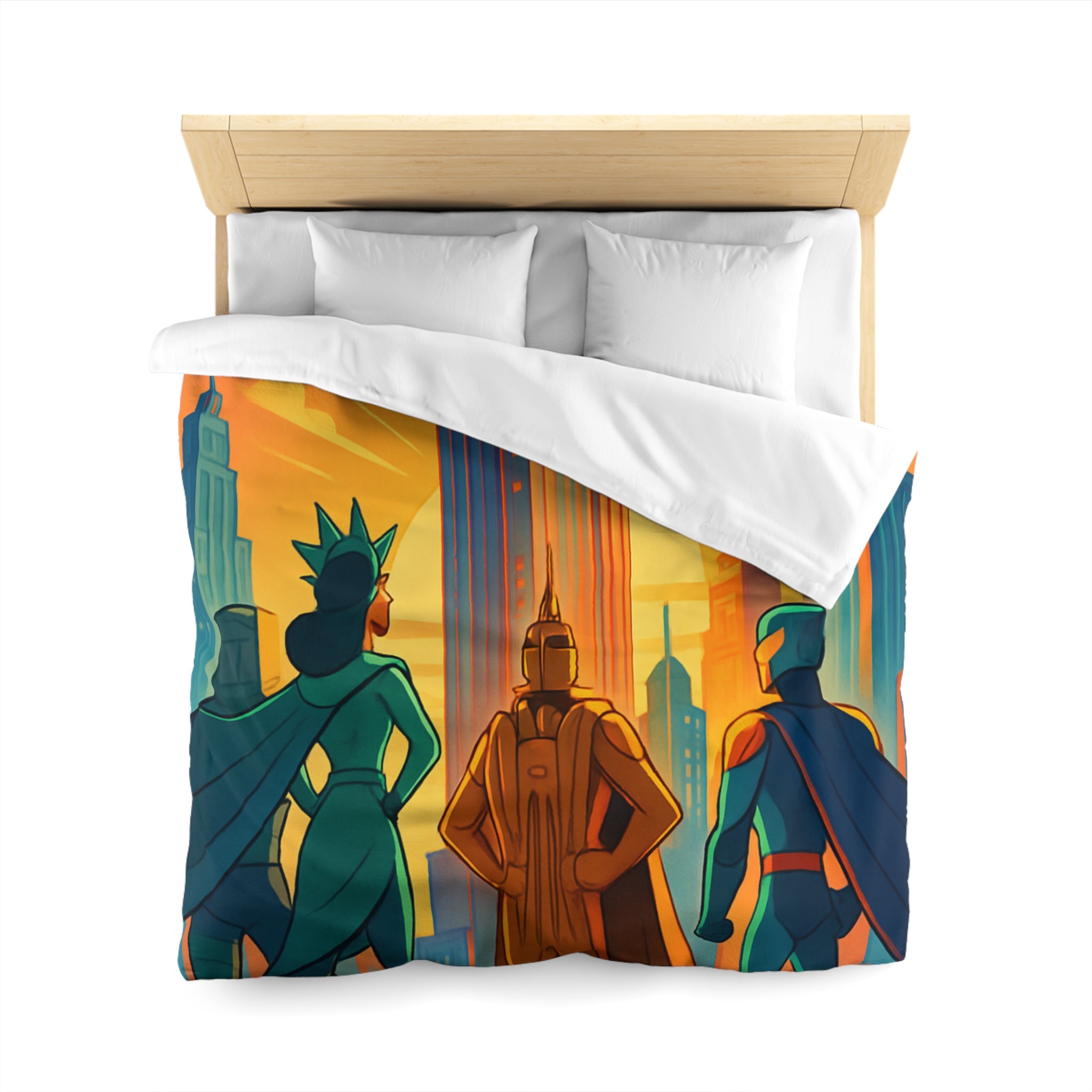 Super-héros courageux contemplant une ville moderne au lever du soleil urbain majestueux