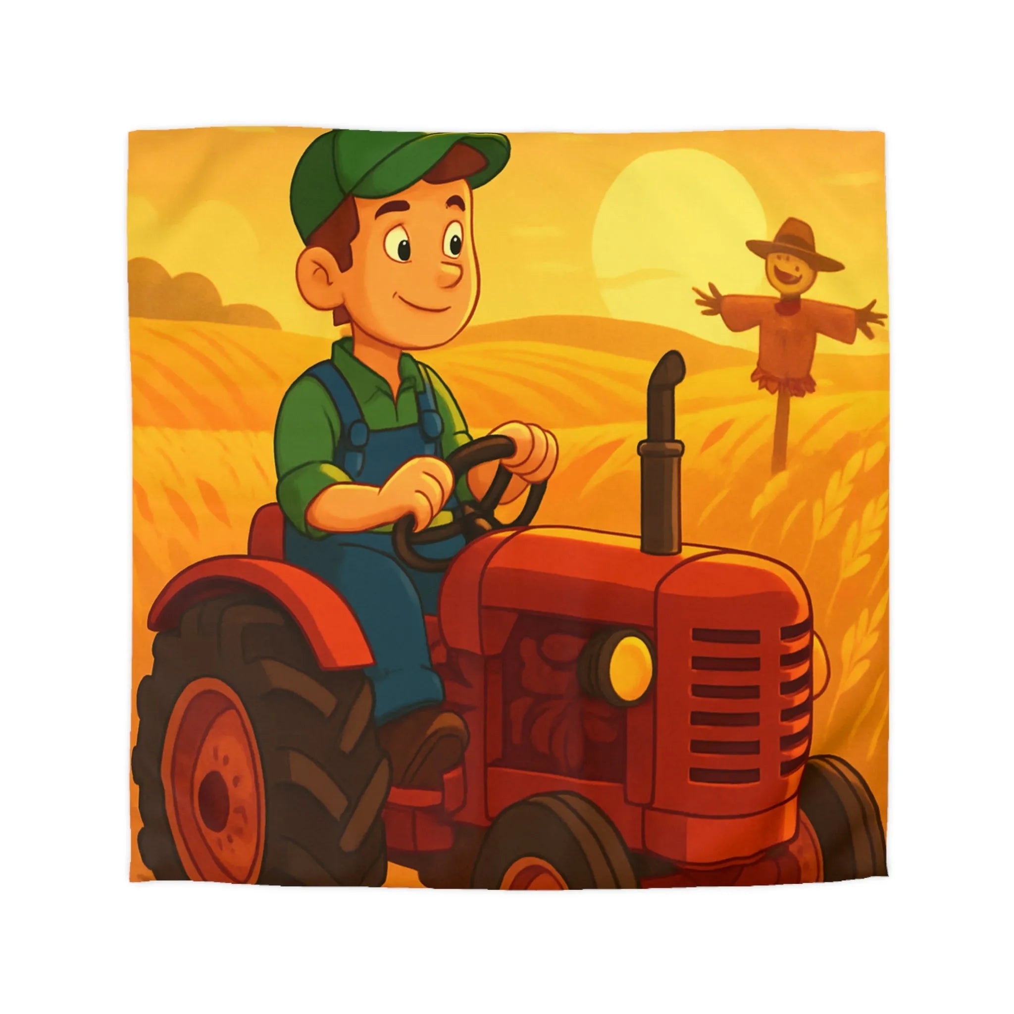 Housse de couette avec motif champêtre : tracteur, épouvantail et champ sous soleil couchant